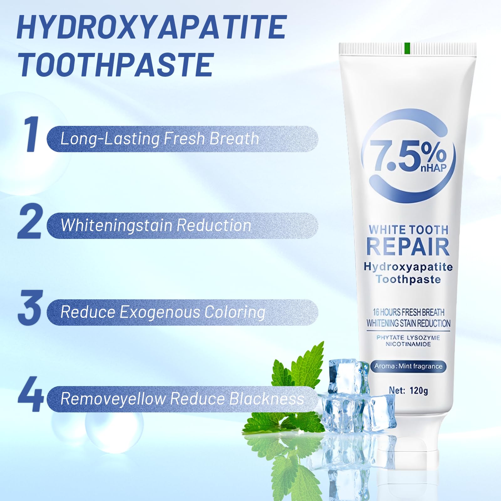 3pcs Hydroxyapatite Toothpaste UK,Fluoride-Free Formula,Mint Flavor(120g)