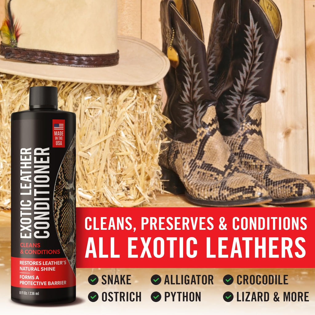 Exotic Leather Conditioner for Boots — 3-in-1 Cleaner, Conditioner & Protectant for Ostrich, Python, Lizard, Caiman & Snakeskin, Leather Boot Care Kit for Cowboy Boots, 8 fl oz Spray, Made in USA