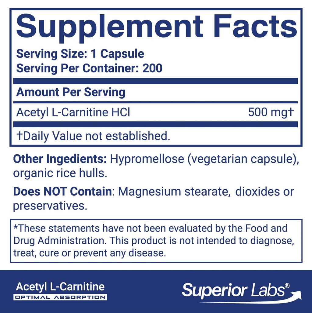 Superior Labs Acetyl L-Carnitine 500 mg, High Potency ALCAR, Pure Non-GMO, Zero Synthetic Additives, Maximum Absorption, Energy & Fat Metabolism, Brain, Nerve & Cellular Detox Support, (200 Veg Caps)
