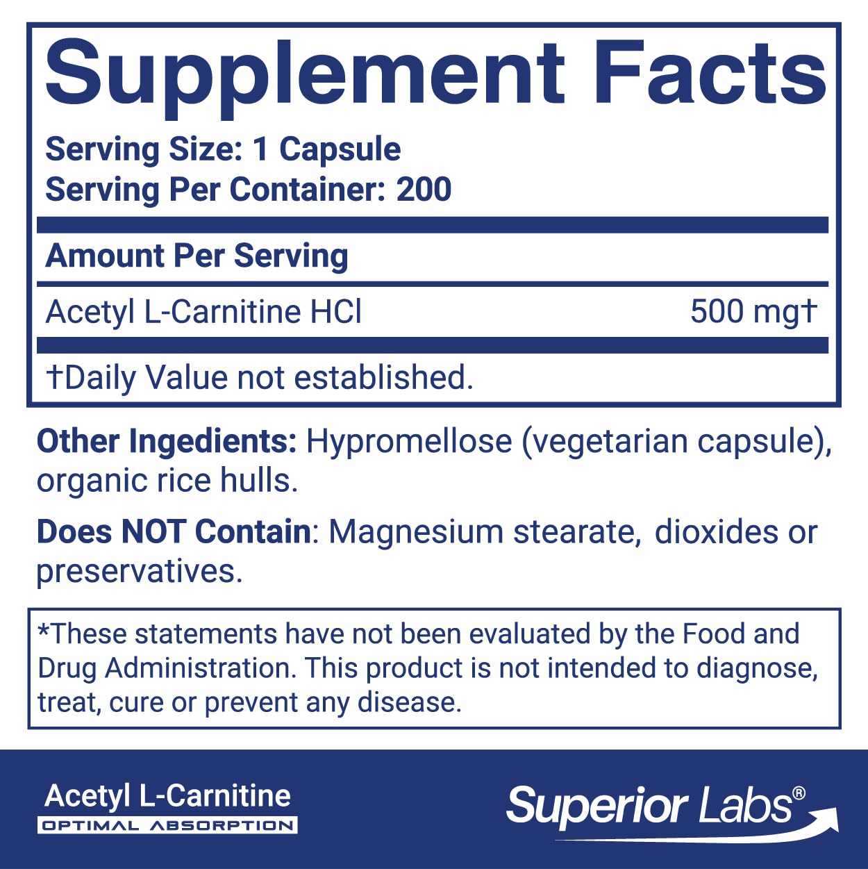 Superior Labs Acetyl L-Carnitine 500 mg, High Potency ALCAR, Pure Non-GMO, Zero Synthetic Additives, Maximum Absorption, Energy & Fat Metabolism, Brain, Nerve & Cellular Detox Support, (200 Veg Caps)