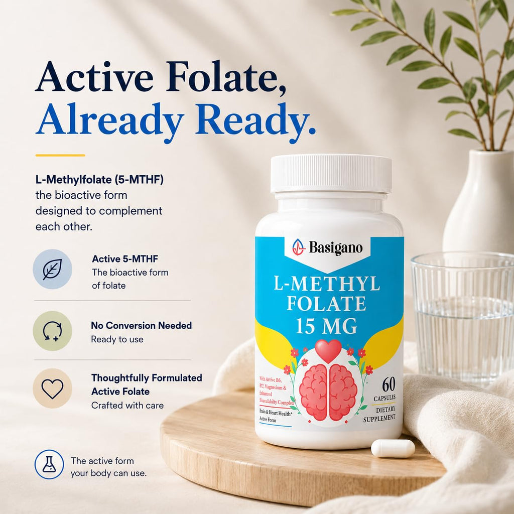 Basigano 15mg L Methylfolate (5-MTHF)- Active Folic Acid-Enriched with Vitamins B6 and B12-60 Vegetarian Capsules - Non-GMO, Gluten-Free