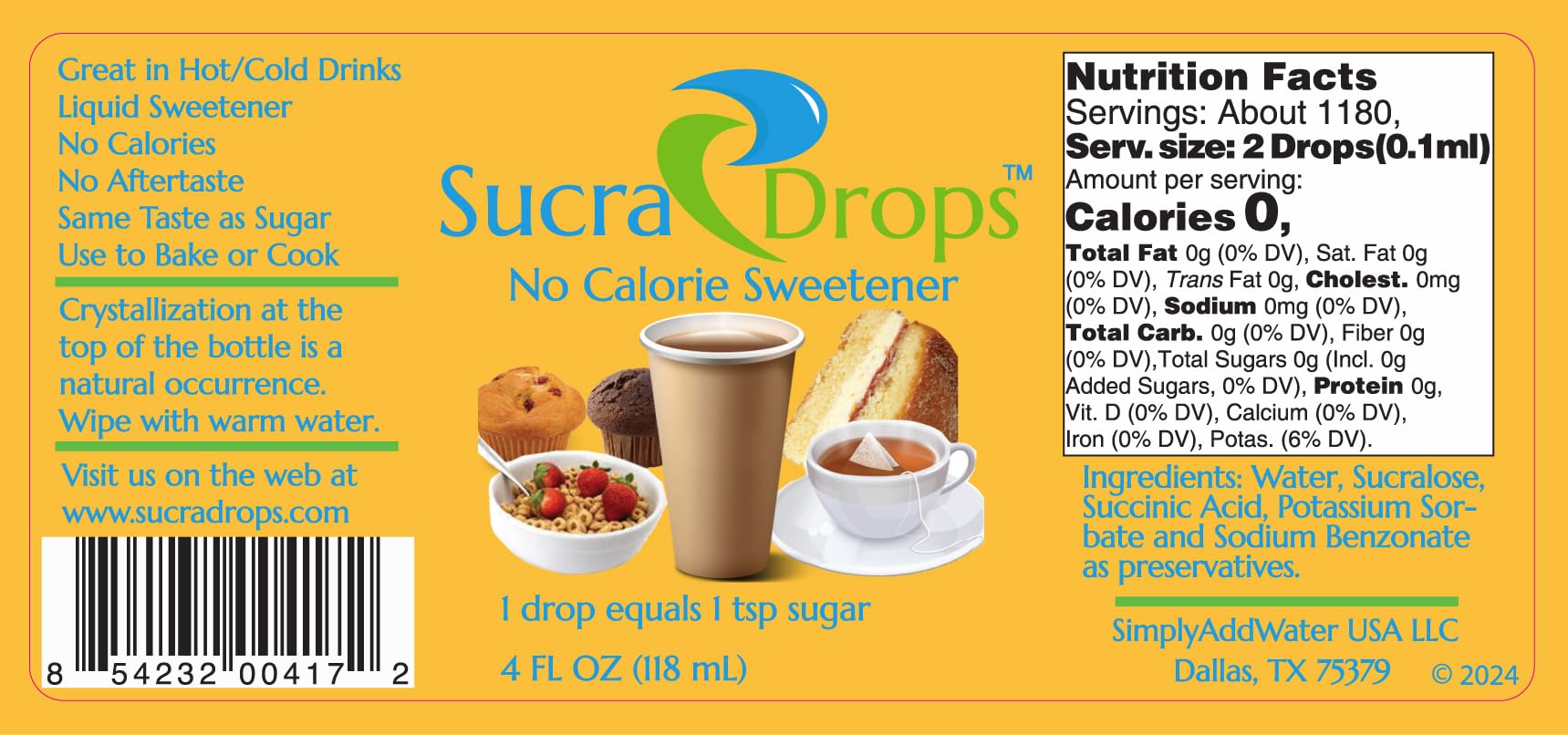 SucraDrops 2-4 oz Bottles of Premium Liquid Sucralose Sweetener, 1,180 Servings x 2 drops per serving size, totaling 2,360 drops each