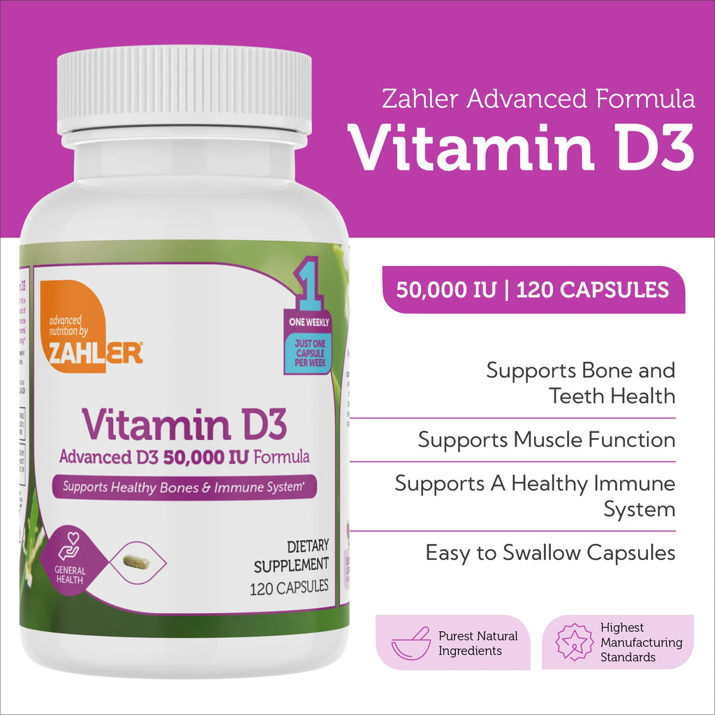 Zahler - Advanced Vitamin D3 50000 IU capsules (120 Count) Kosher Vegetarian Friendly Vitamin D for Immune Support, Bone, Teeth & Muscle Health - Weekly D3 Vitamin Supplement- Easy Swallow Vitamin D3.