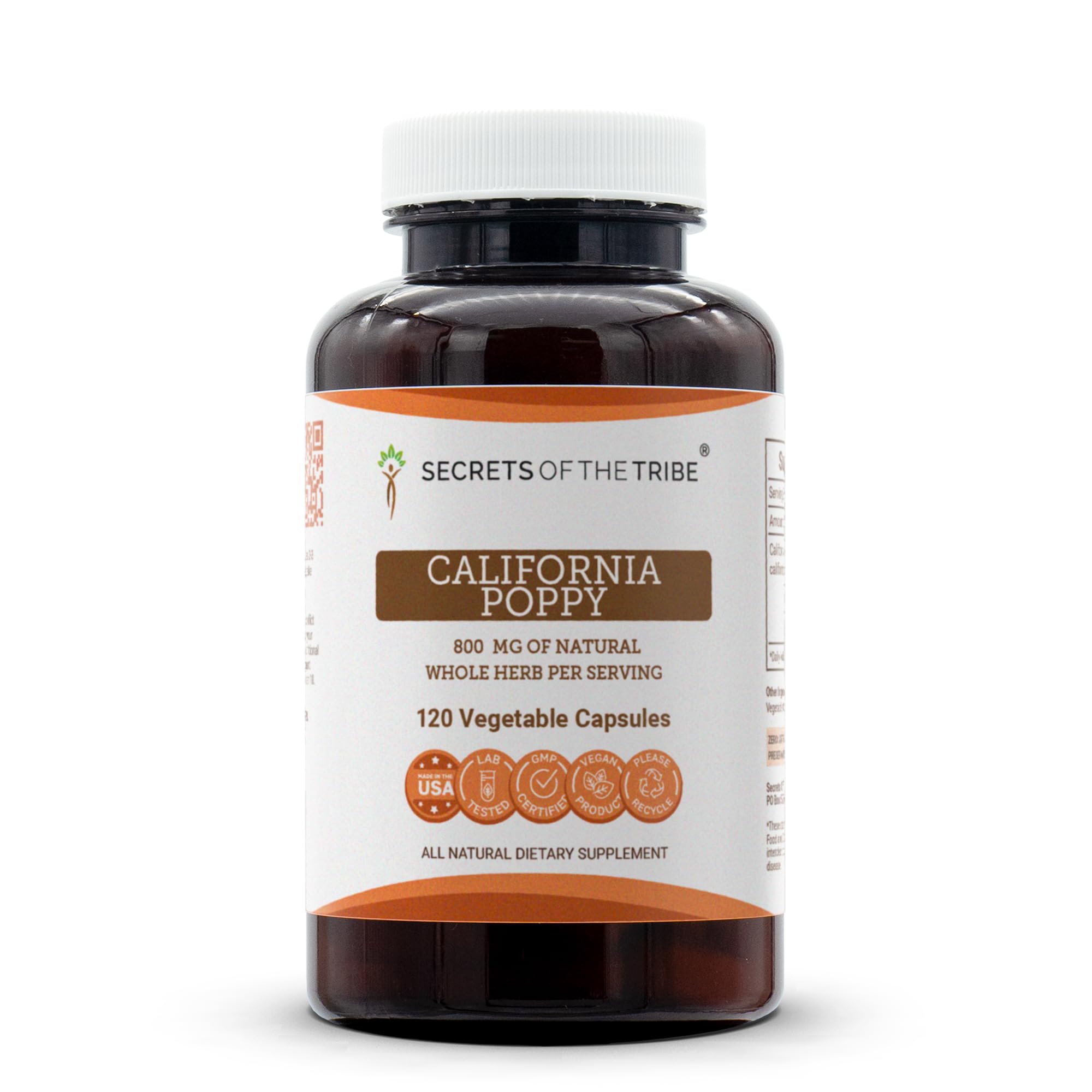 Secrets of the Tribe California Poppy 120 Capsules, 800 mg, California Poppy (Eschscholzia Californica) Dried Herb and Flower (120 Capsules)