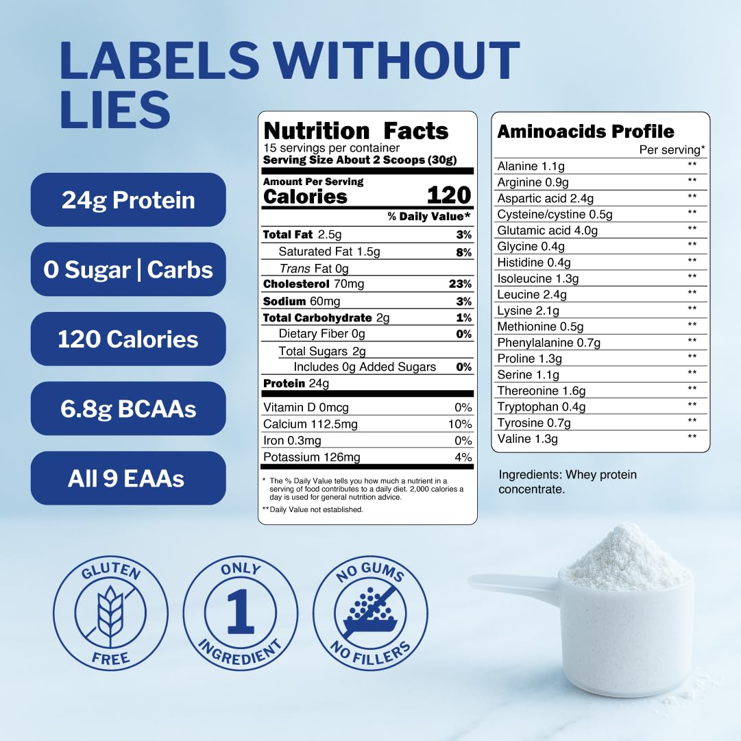 Opportuniteas Grass Fed Whey Protein Powder Concentrate - 1 Ingredient - Pure Protein Supplement for Drink, Smoothie, Shake, Cooking & Baking - Non GMO, Hormone Free & Gluten Free - 1 Pound