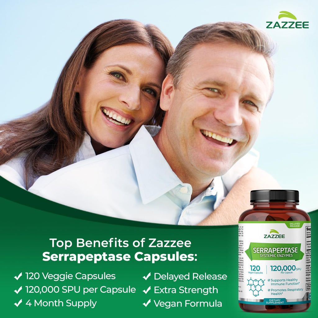 Zazzee Delayed Release Serrapeptase, 120,000 SPU per Capsule, 120 Vegan Capsules, 4 Month Supply, Extra Strength, Potent and Concentrated Systemic Enzymes, 100% Vegetarian, All-Natural and Non-GMO