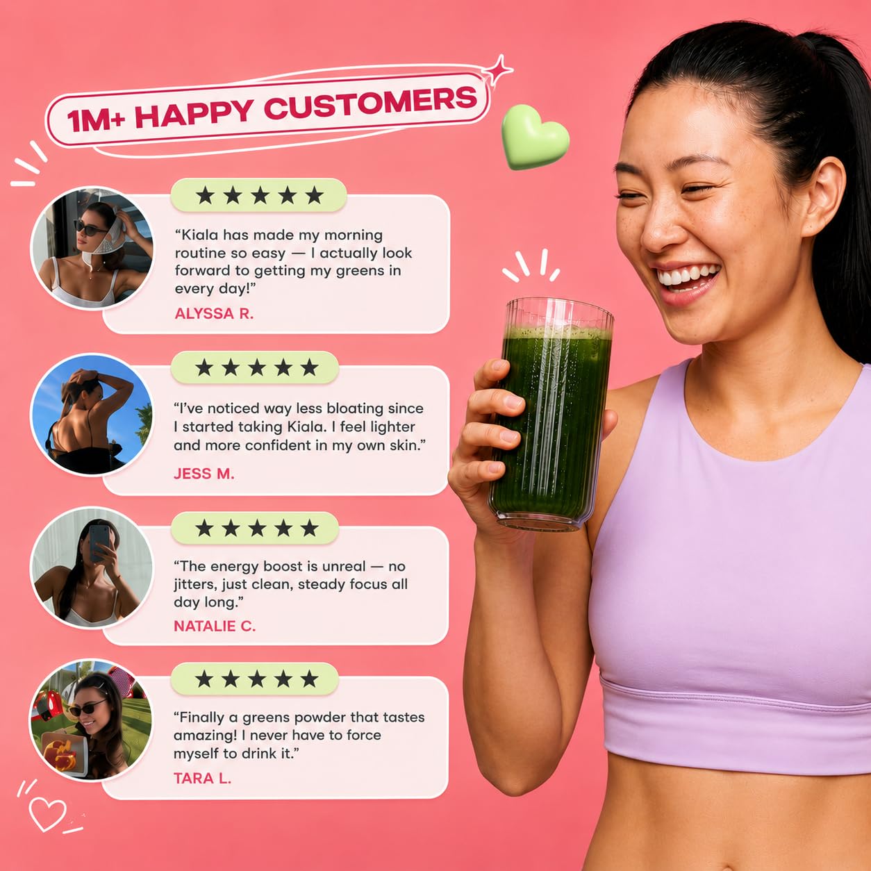 Kiala Nutrition Super Greens, Organic Greens Powder with Spirulina & Chlorella for Digestion, Gut Health, Immunity, Adaptogens, Energy, Gluten Free, Vegan, Sugar Free, Watermelon Slush, 30 Servings