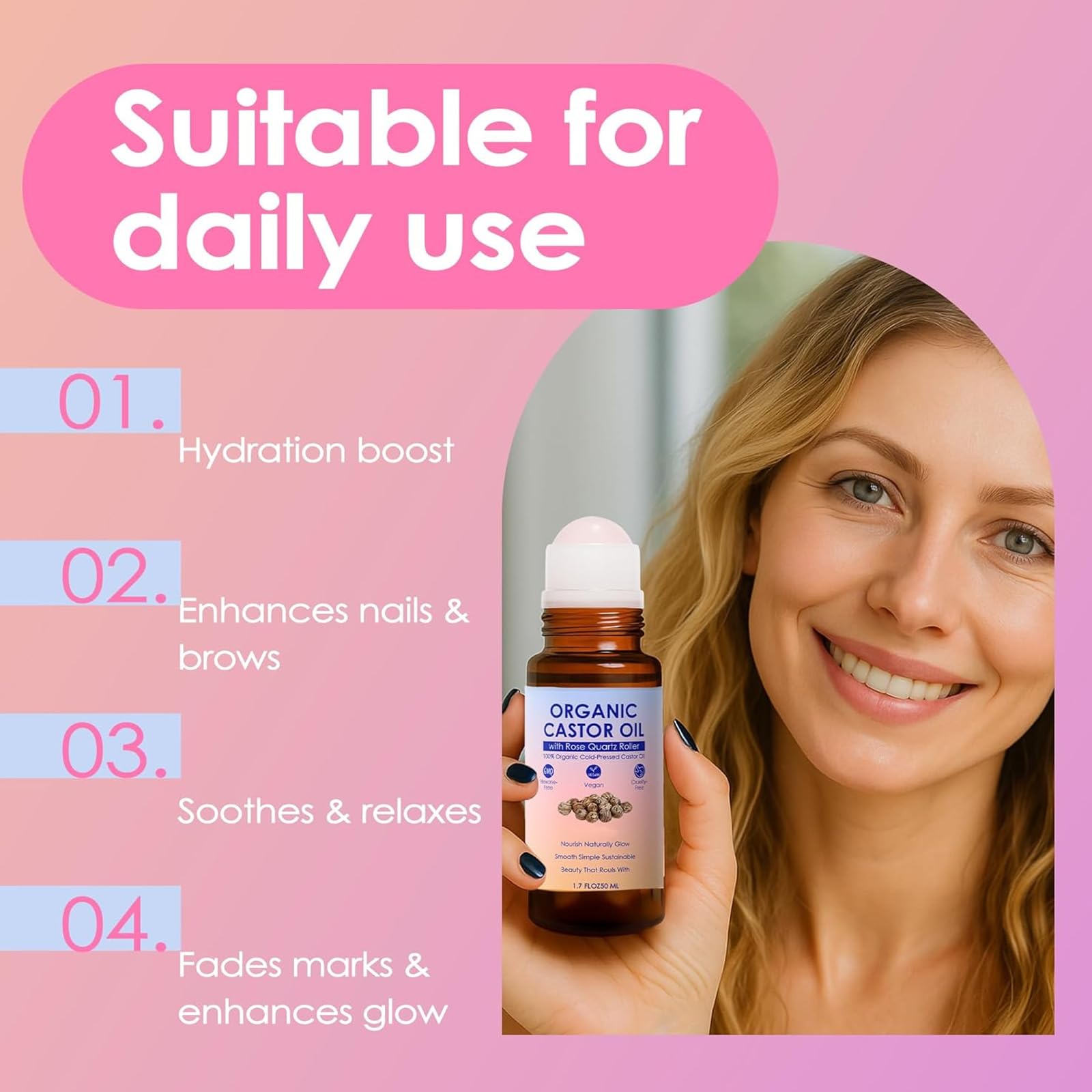Organic Castor Oil with Rose Quartz Roll On For Face and Body Cold Pressed, Hexane Free, Unrefined - Stimulate Hair Growth, Moisturize Skin