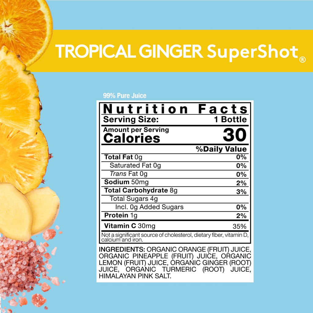 Sol-ti Organic Tropical Ginger SuperShot Drink, Aids in Collagen Production and Promotes Skin Elasticity, SuperFood, Cold-Pressed Fruit Juice Blend, 12 Pack (2.1 Fl oz)