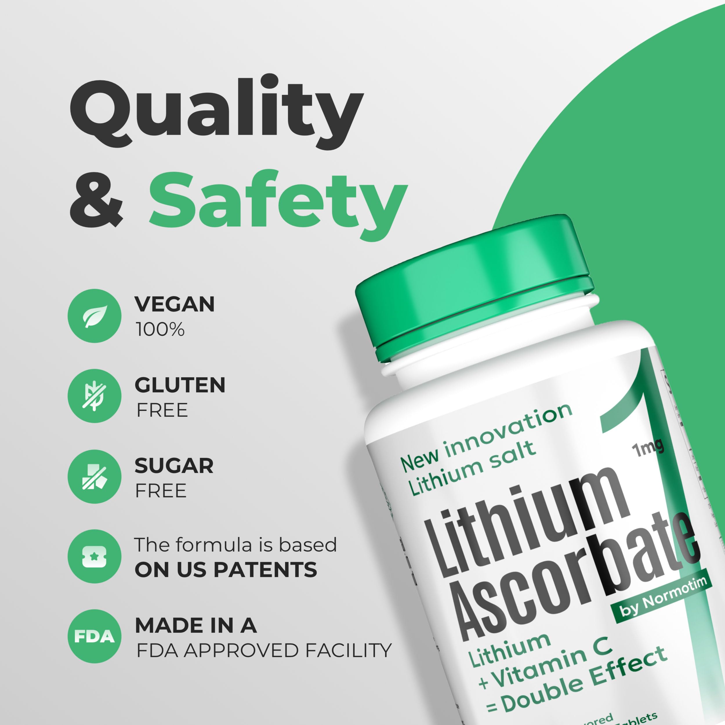 NORMOTIM Lithium Ascorbate 1 mg with Vitamin C - 60 Tablets – Brain Supplements for Memory and Focus, Mood and Stress Relief Supplement, Lithium Orotate (180 Tablets)