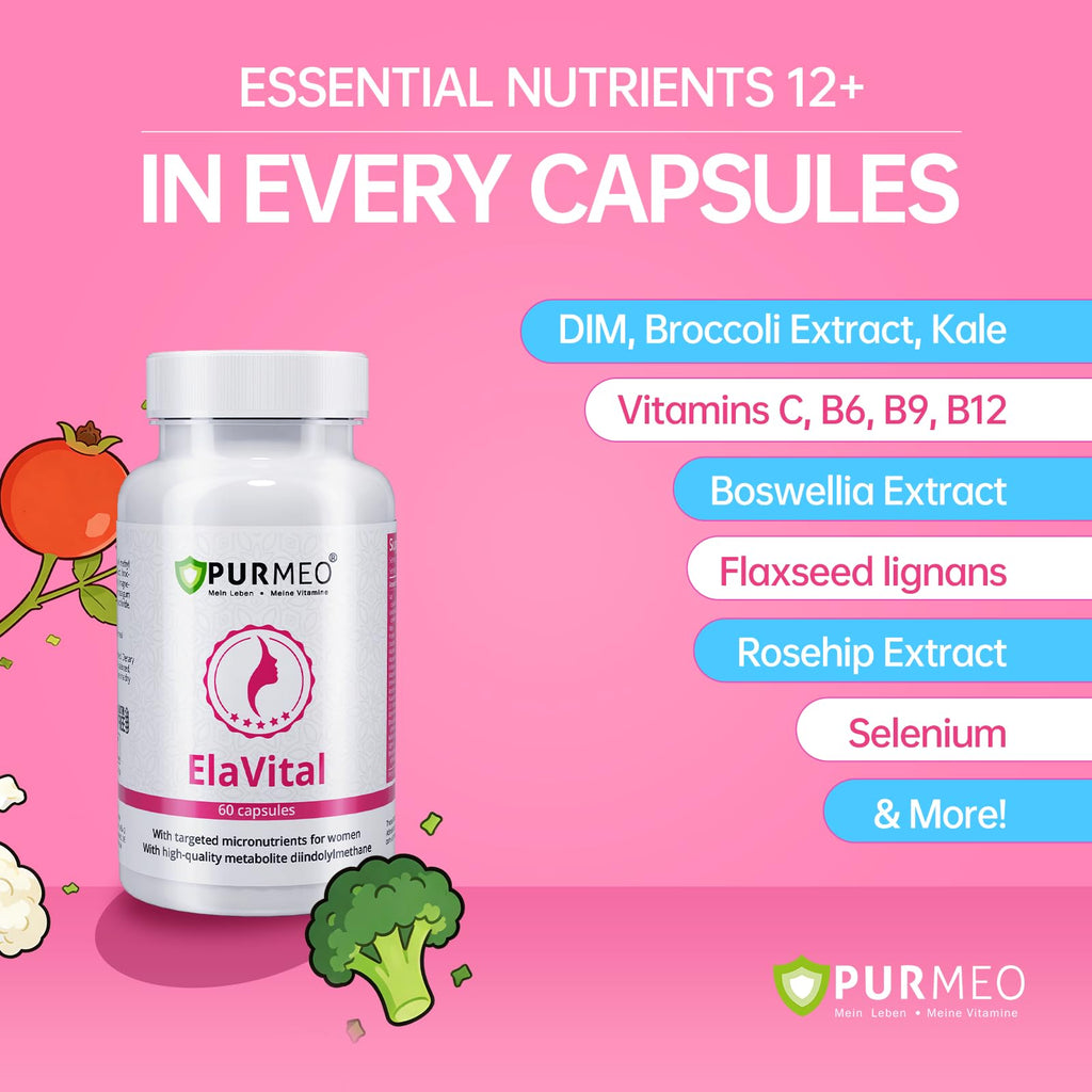 purmeo DIM Supplement for Women - Hormonal Balance Support for PMS, Mood, Bloating & Menopause Relief with Flaxseed, Vitamins & Herbal Extracts, Vegan, Non-GMO