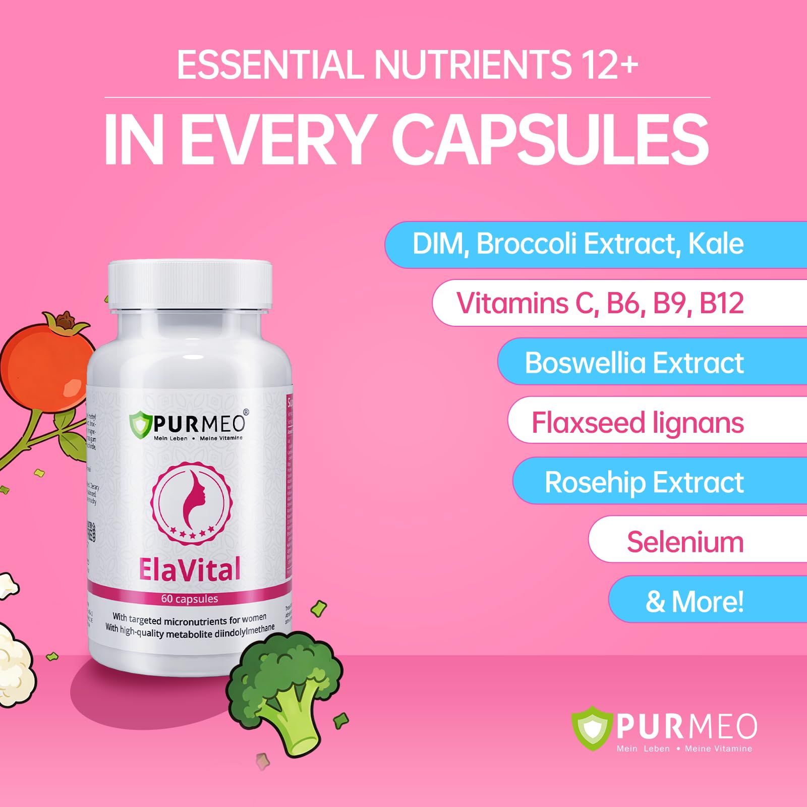 purmeo DIM Supplement for Women - Hormonal Balance Support for PMS, Mood, Bloating & Menopause Relief with Flaxseed, Vitamins & Herbal Extracts, Vegan, Non-GMO
