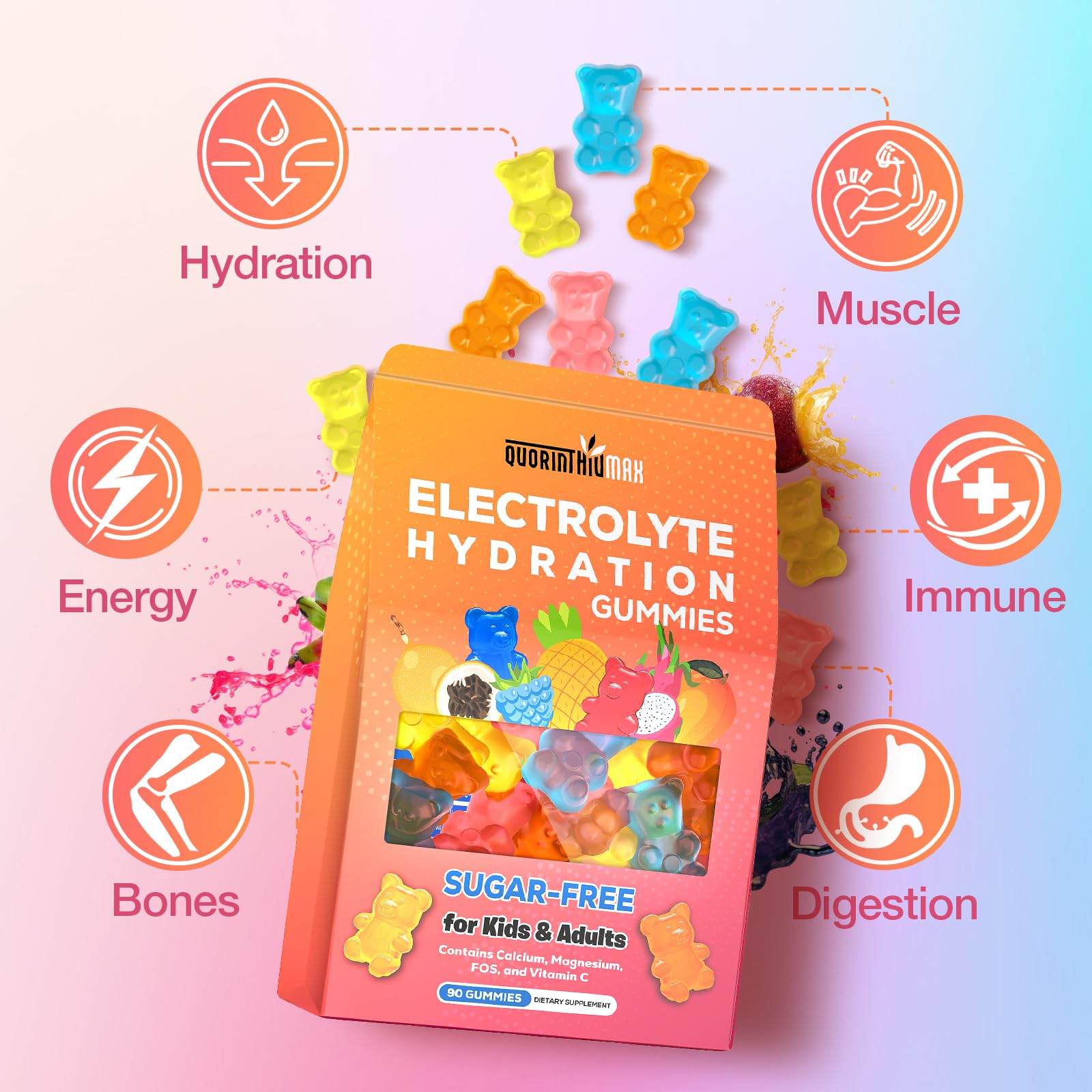 Electrolyte Gummies Sugar Free | Electrolyte Hydration Energy Gummies for Running & Sports - Energy Chews with Calcium & Vitamin C for Kids & Adults, Multiple Mixed Flavors, Gluten-Free, 90 Count