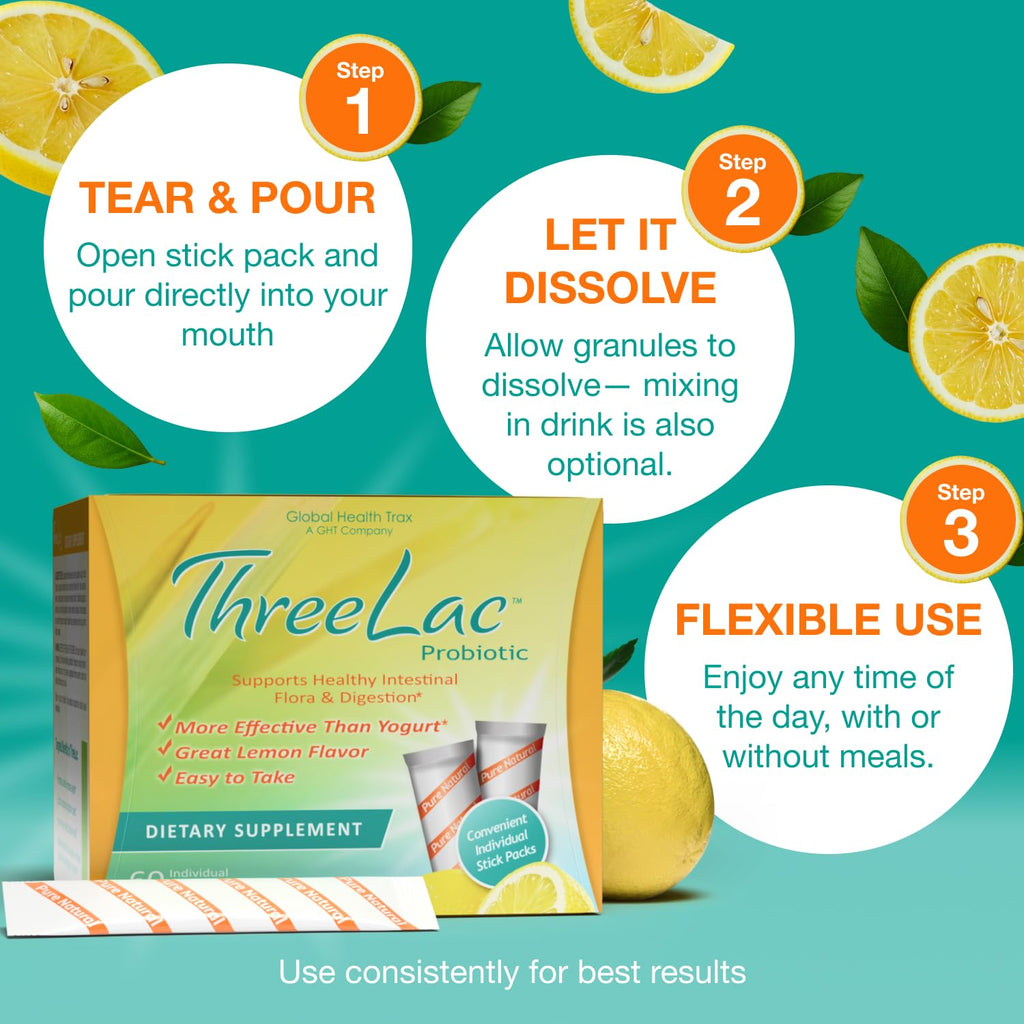 Global Health Trax ThreeLac Lemon Probiotic Drink Mix for Digestive Health - Advanced Probiotic Powder Formula for Men, Women, and Kids - Immune Support & Gut Balance, Non-GMO - 120 Packets