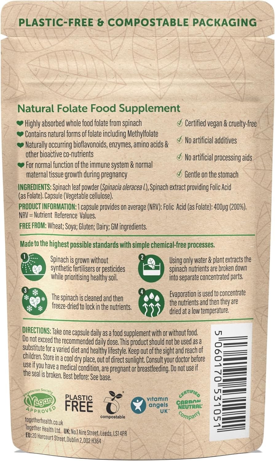 Folate from Spinach | Natural Alternative to Folic Acid | 400 mcg | 5-MTHF Form | Vegan | Made in The UK | 30 Capsules | Together Health