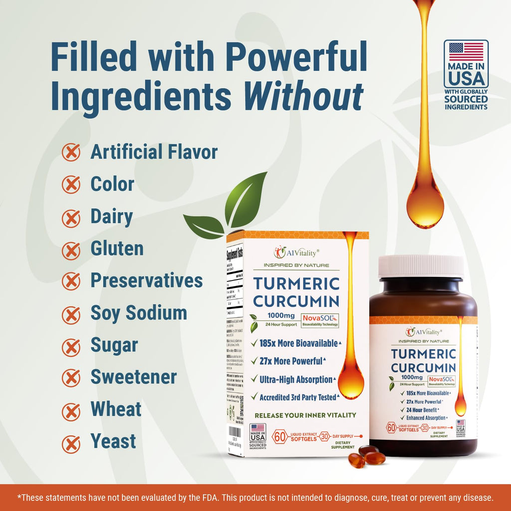 A1Vitality NovaSOL Turmeric Curcumin 1000mg – Clinically Proven 185x Higher Absorption – Promotes Joint Comfort, Mobility & Overall Wellness – Non-GMO, Doctor Formulated, 60 Softgels.