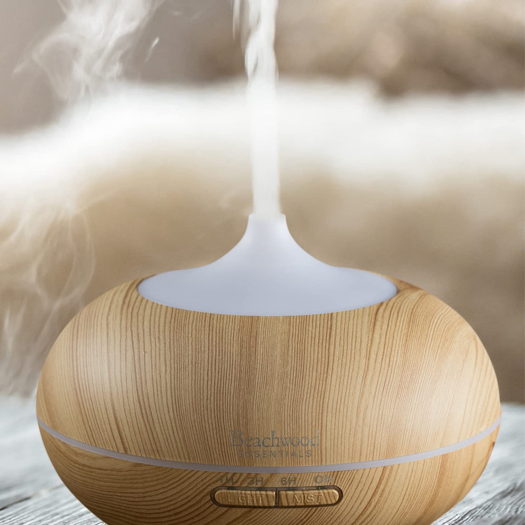 Beachwood Essentials Ultimate Ultrasonic Aromatherapy Diffuser for Essential Oils - Therapeutic Grade, Helps You to Relax - 3 Timer & 7 Ambient Light Settings - Up to 16 Hours of Use - Bamboo, 300mL