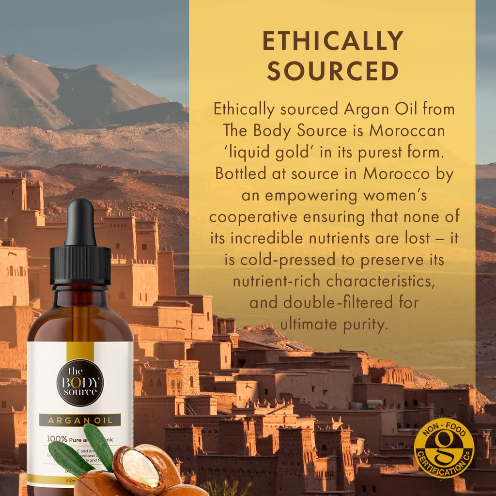 100% Organic Argan Oil, 100ml - Pure Cold Pressed Moroccan Argan Oil for Hair, Skin and Nails, Ethically Sourced, Bottled in Morocco, Multi-Use Beauty Oil for Daily Nourishing and Moisturising Care