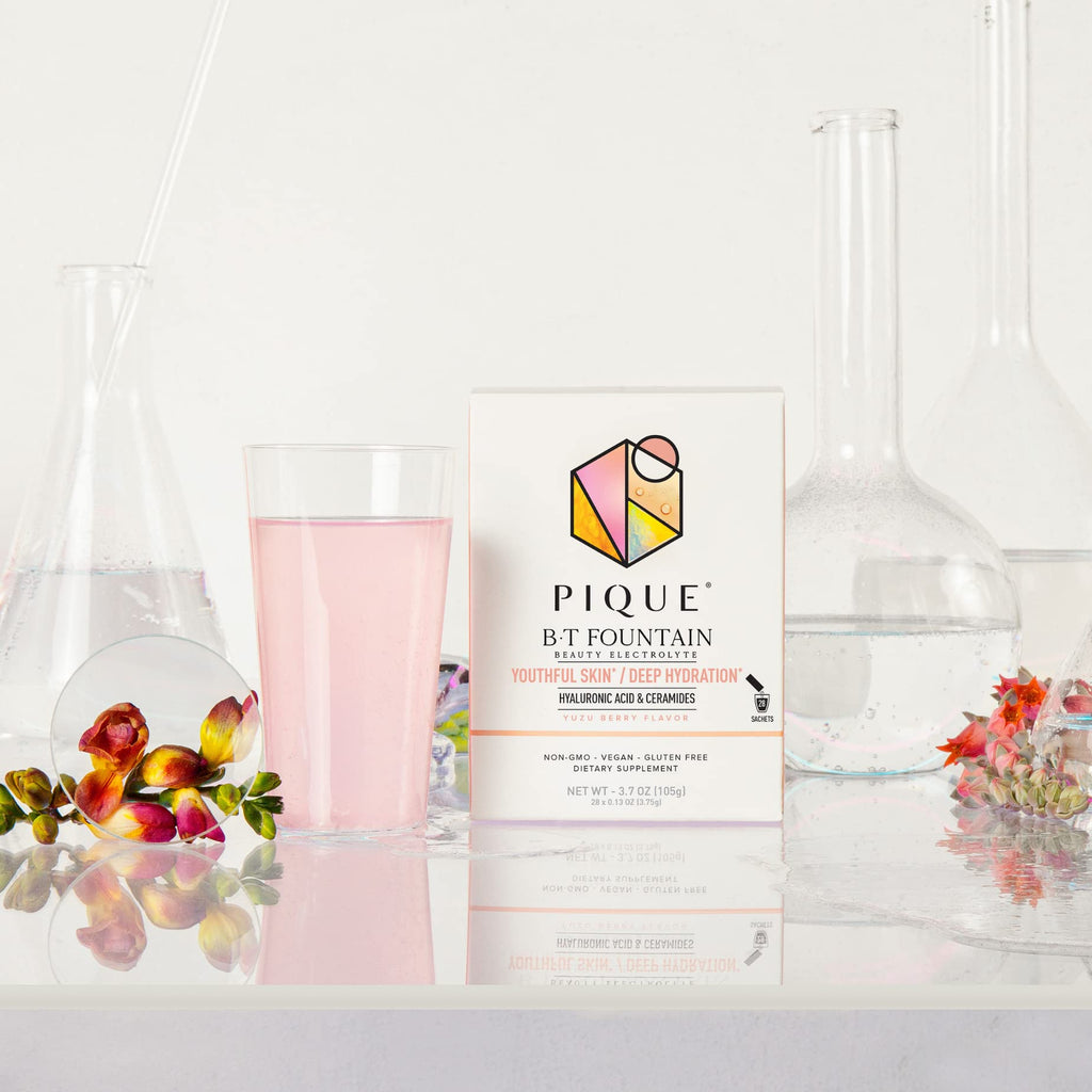 PIQUE BT Fountain Beauty Electrolyte Powder - Hydration Powder Packets with Hyaluronic Acid, Ceramides, Magnesium for Hydrated, Elastic Skin - No Added Sugar - 28 Single Serve Sticks (Pack of 1)
