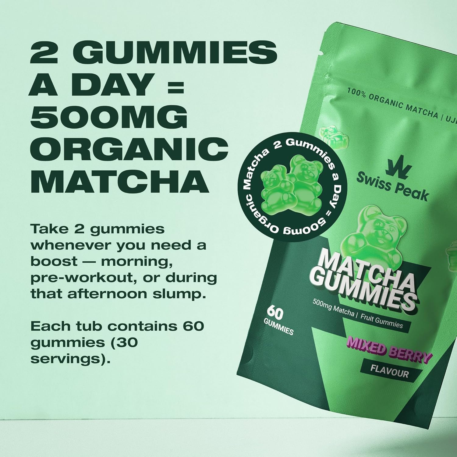 Swiss Peak Matcha Gummies, Organic Japanese Matcha from Uji, Kyoto, Clean Energy, Focus, and Antioxidant Cranberry Extract, Vegan Mixed Berry, 60 Gummies, Ceremonial, UK Made, Gelatin-Free