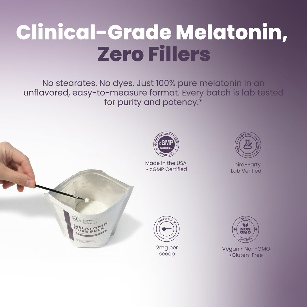 SIERRA LIFE SCIENCES Melatonin | Natural Sleep Aid Bulk Powder | Custom Dose 2mg - 5mg Replace Capsules (500g - 250,000 Doses)