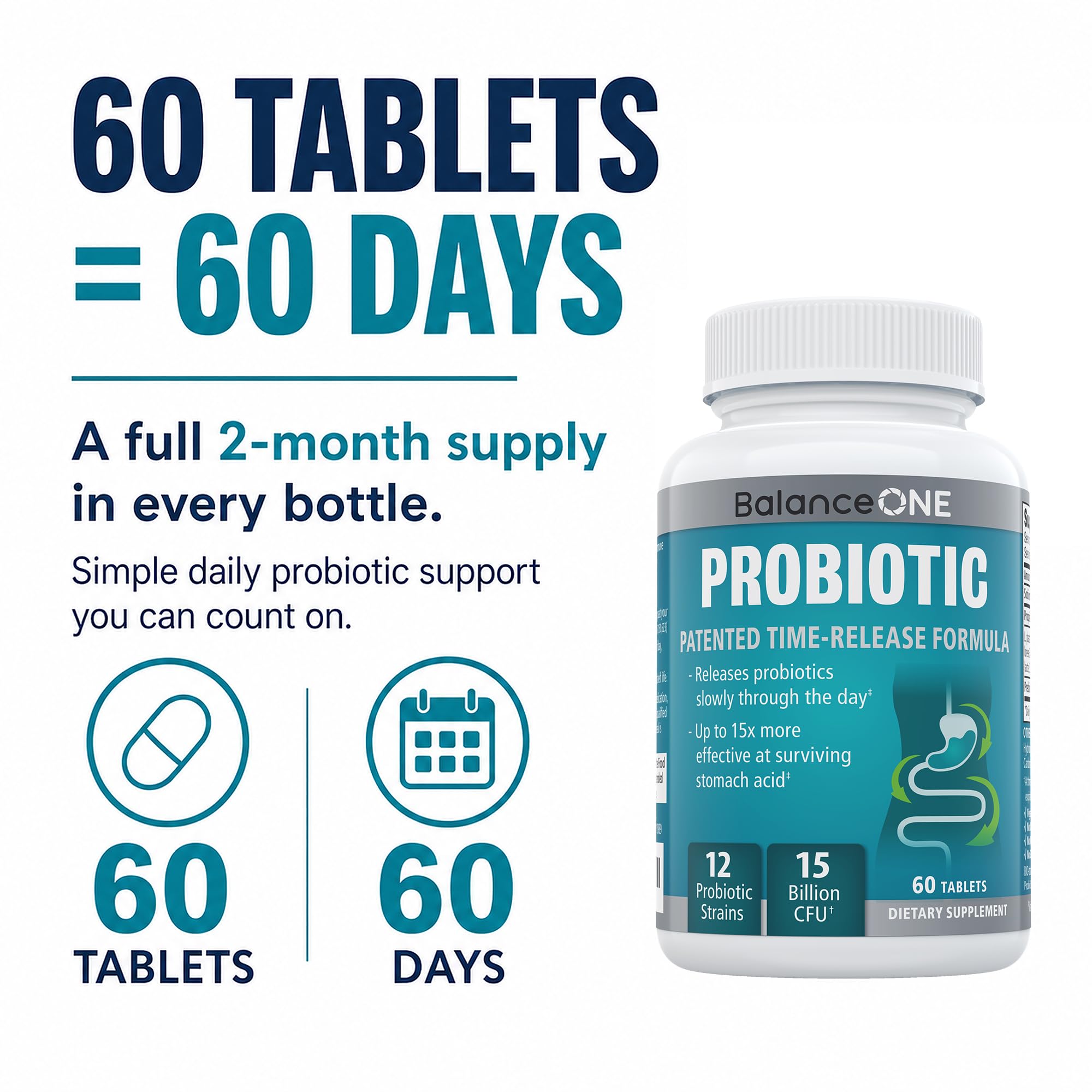 Balance ONE Probiotic for Women & Men, 15 Billion CFU, 12 Strains, 60 Count