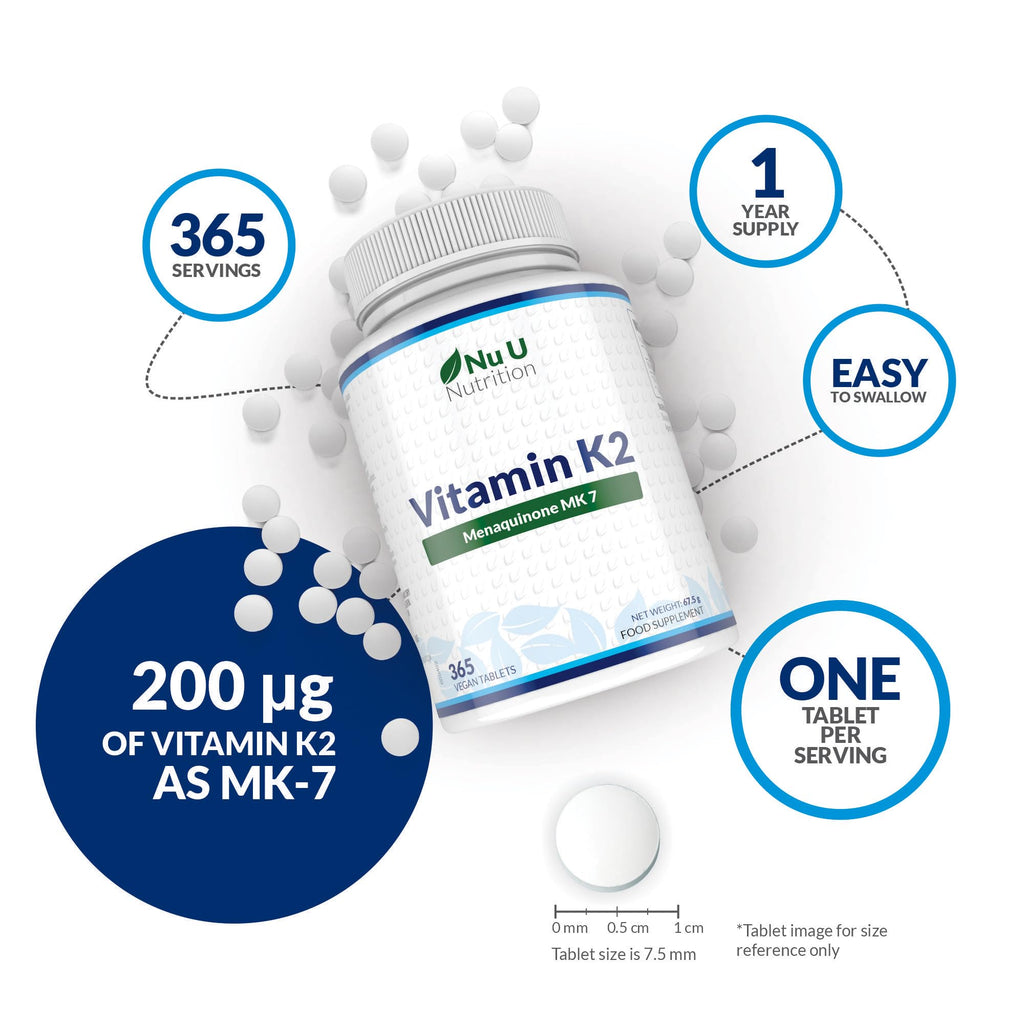 Vitamin K2 MK7 200mcg - 365 Vegan Tablets not Capsules - 1 a Day - 1 Year Supply - High Strength VIT K2 Menaquinone - Easy to Swallow - Made in the UK - Nu U Nutrition
