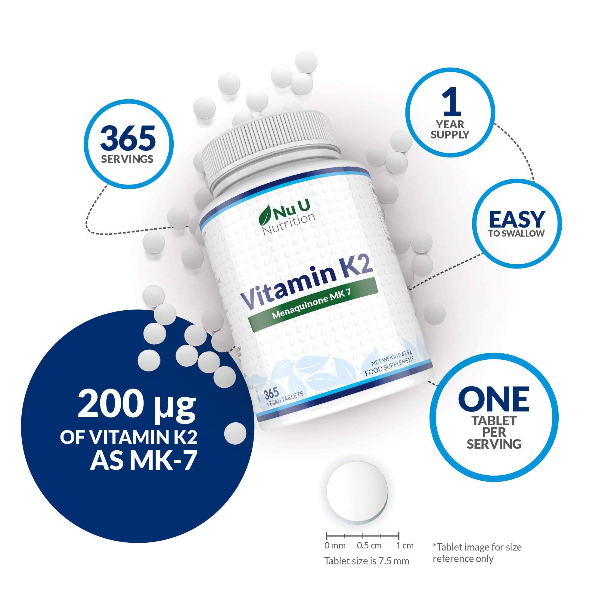 Vitamin K2 MK7 200mcg - 365 Vegan Tablets not Capsules - 1 a Day - 1 Year Supply - High Strength VIT K2 Menaquinone - Easy to Swallow - Made in the UK - Nu U Nutrition