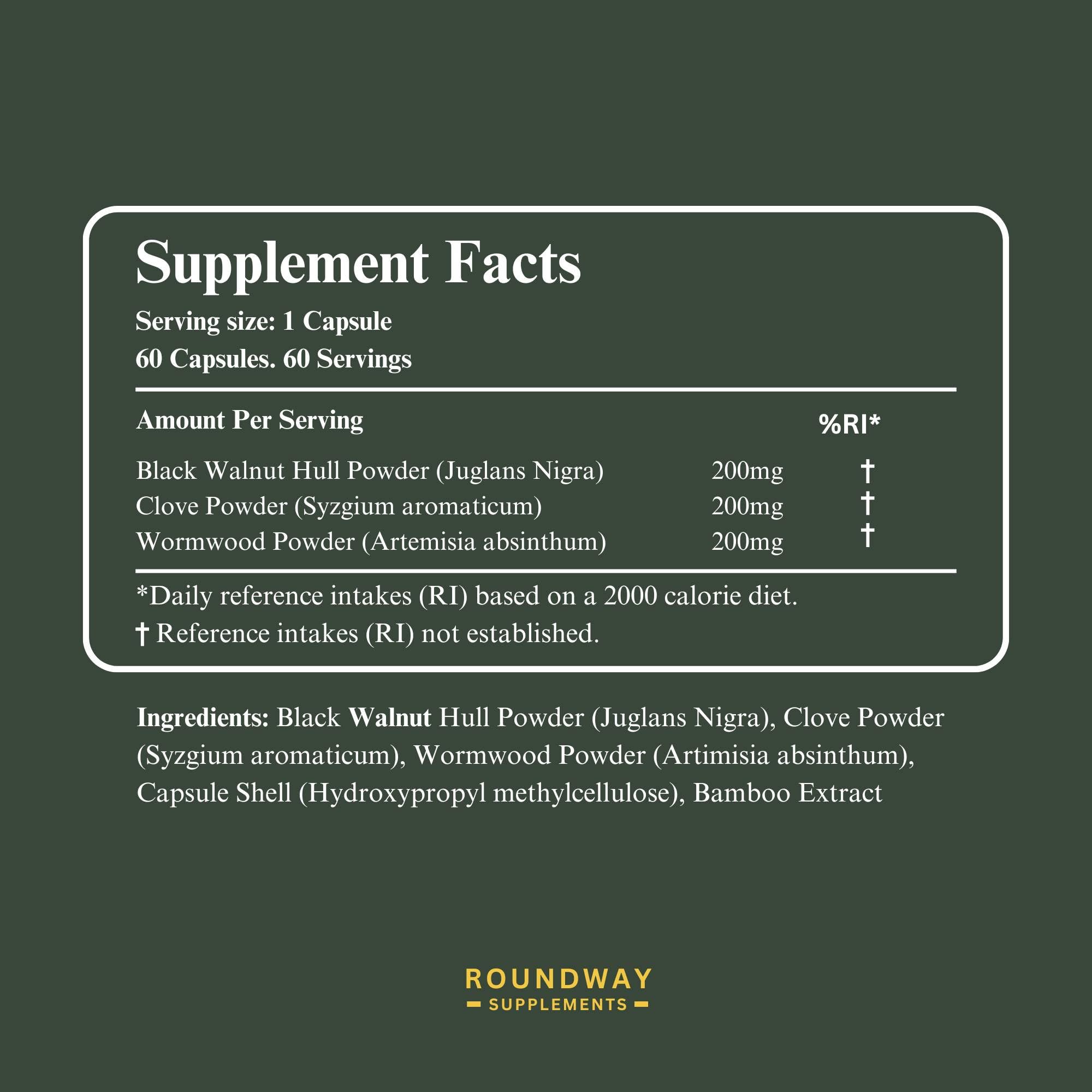 Roundway Supplements Wormwood Black Walnut Hull and Clove Capsules | High Strength Cleanse for Humans. 2 Months Supply | 60 Capsules, 600mg. Gluten-Free and Non-GMO. Vegan Supplement (Pack of 1)