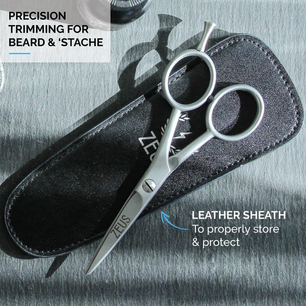 ZEUS Stainless Steel Beard Trimming Scissors for Men with Leather Case
