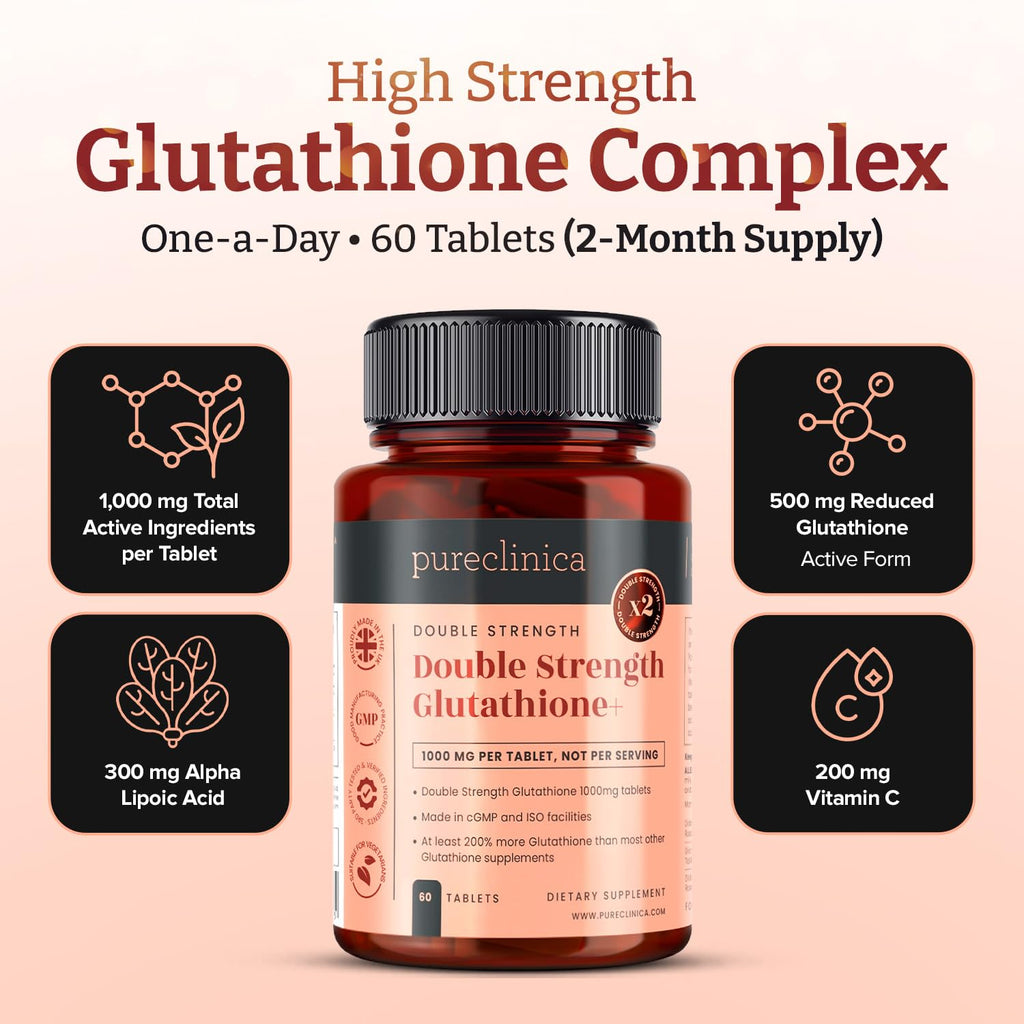 pureclinica Glutathione 1000mg x 60 Tablets. with 500mg Glutathione, 300mg ALA, and 200mg Vitamin C per Tablet.