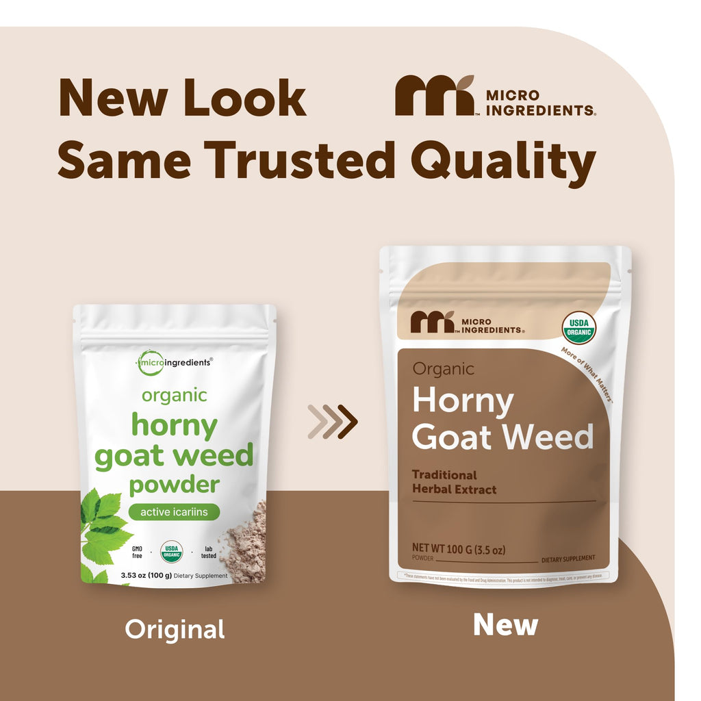 Maximum Strength Organic Pure Horny Goat Weed with Active Icariins for Men and Women, 100 Grams, Organic Epimedium Powder for Energy and Immune System Booster, Filler Free and Vegan Friendly