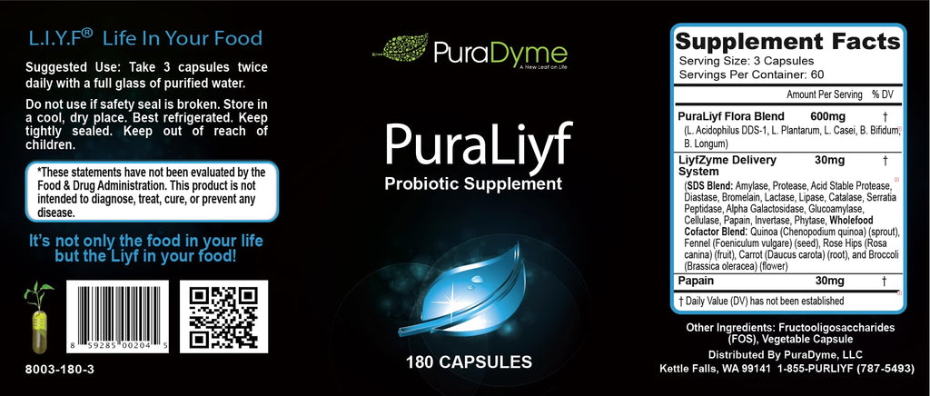 PuraDyme PuraLiyf Digestive Enzymes with Probiotics | Probiotic Supplement Enhanced with Proteolytic Enzymes for Digestion by Lou Corona | 180 Capsules