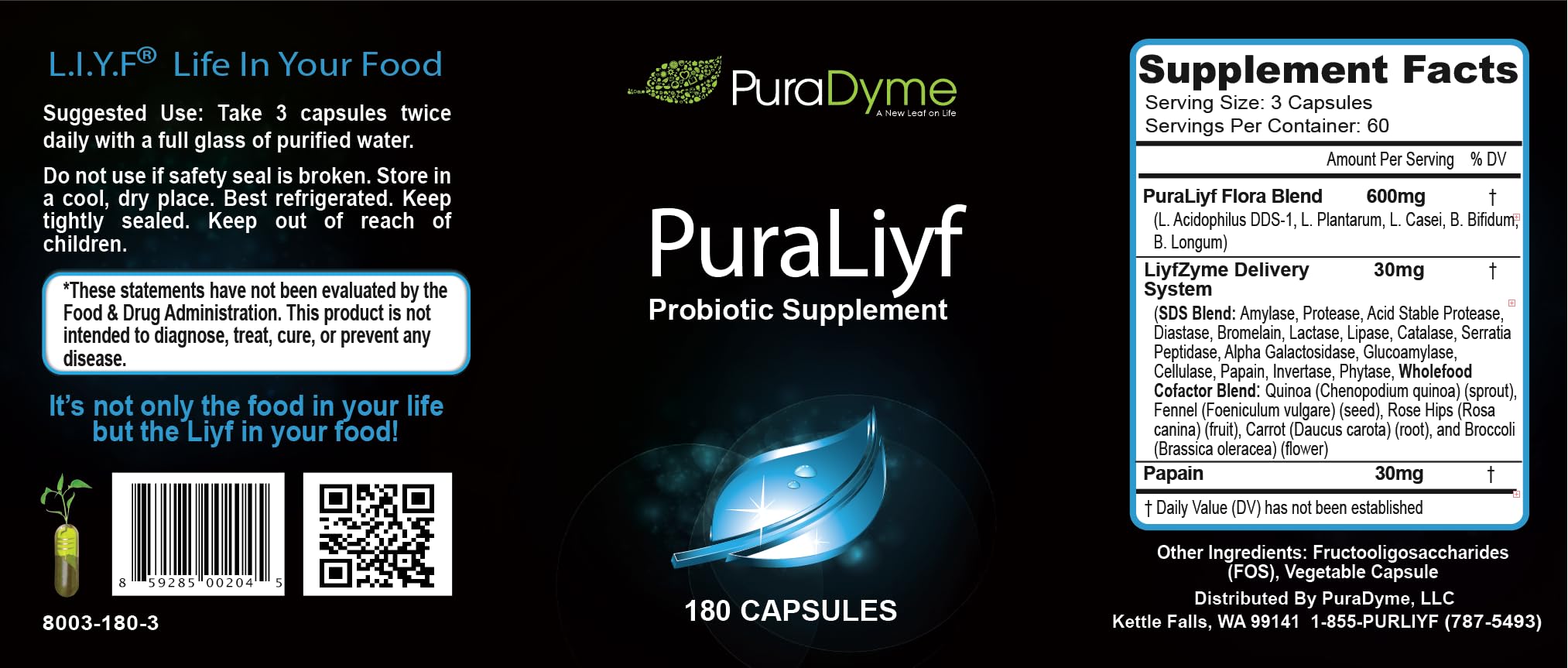 PuraDyme PuraLiyf Digestive Enzymes with Probiotics | Probiotic Supplement Enhanced with Proteolytic Enzymes for Digestion by Lou Corona | 180 Capsules