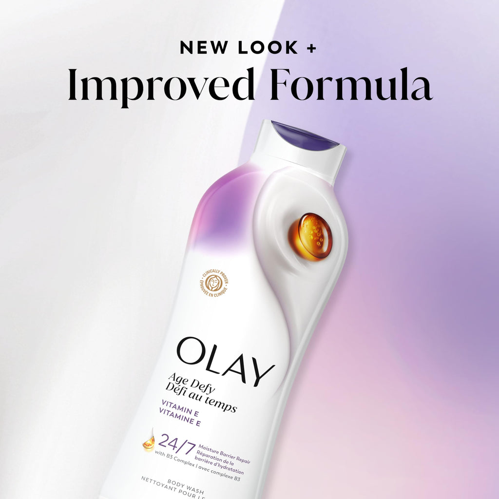 Olay Body Wash for Women, Age Defying with Vitamin E, 24hr Moisturizing, Hydrating & Refreshing, B3 Vitamin Complex, Free of Parabens & Phthalates, for All Skin Types, Scented, 22 fl oz (Pack of 4)