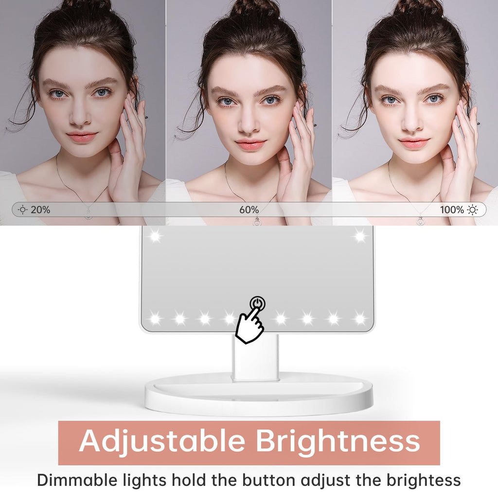 FUNTOUCH Large Lighted Makeup Mirror with Lights, Light Up Mirror with Small 10x Magnification for Desk, 360°Rotation Touch Screen,Brightness Adjustable Tabletop Cosmetic Vanity Make Up Mirror