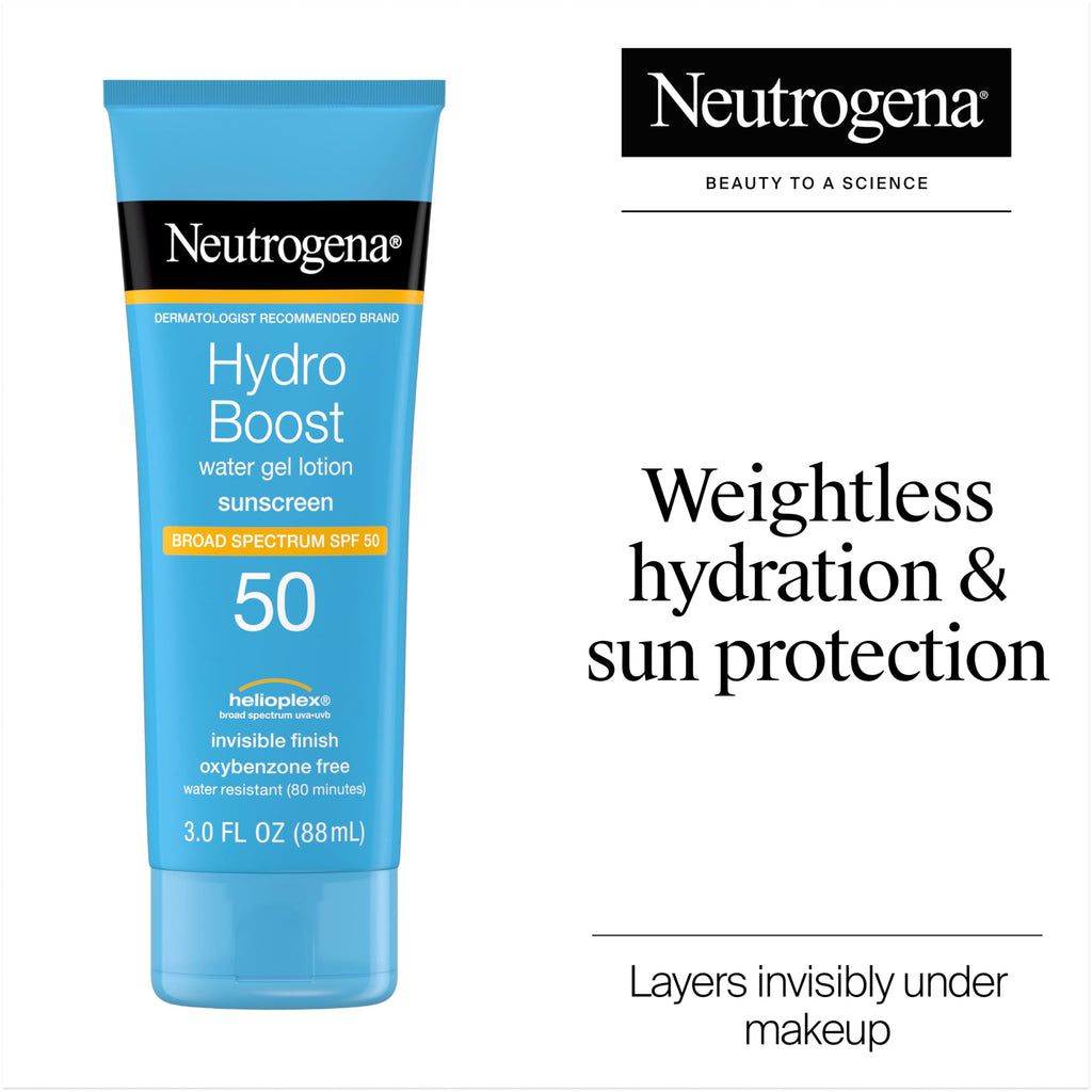 Neutrogena Hydro Boost Water Gel Sunscreen SPF 50, Hydrating & Water‑Resistant Face & Body Sunscreen Lotion, Non‑Greasy, Broad Spectrum, Lightweight Moisturizer, 3 fl oz