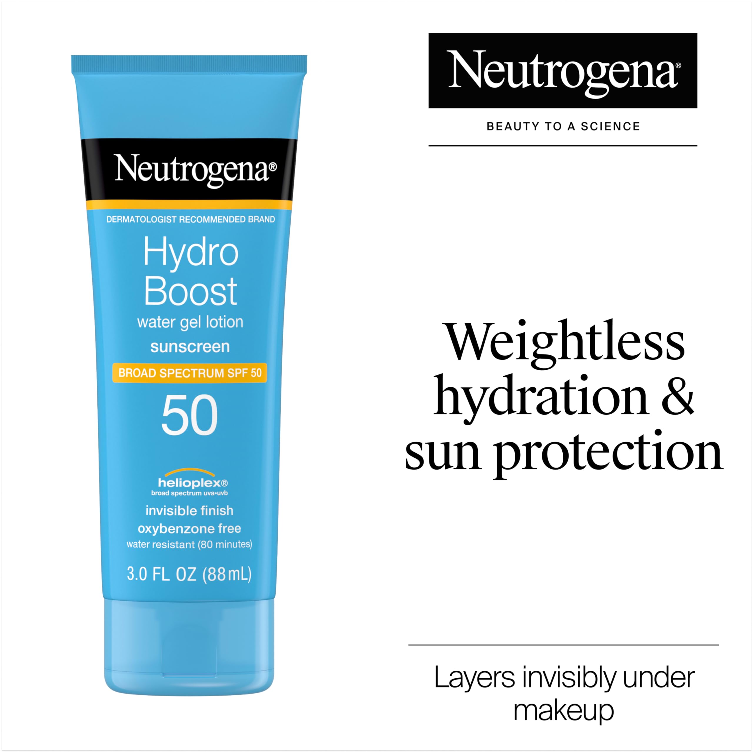 Neutrogena Hydro Boost Water Gel Sunscreen SPF 50, Hydrating & Water‑Resistant Face & Body Sunscreen Lotion, Non‑Greasy, Broad Spectrum, Lightweight Moisturizer, 3 fl oz