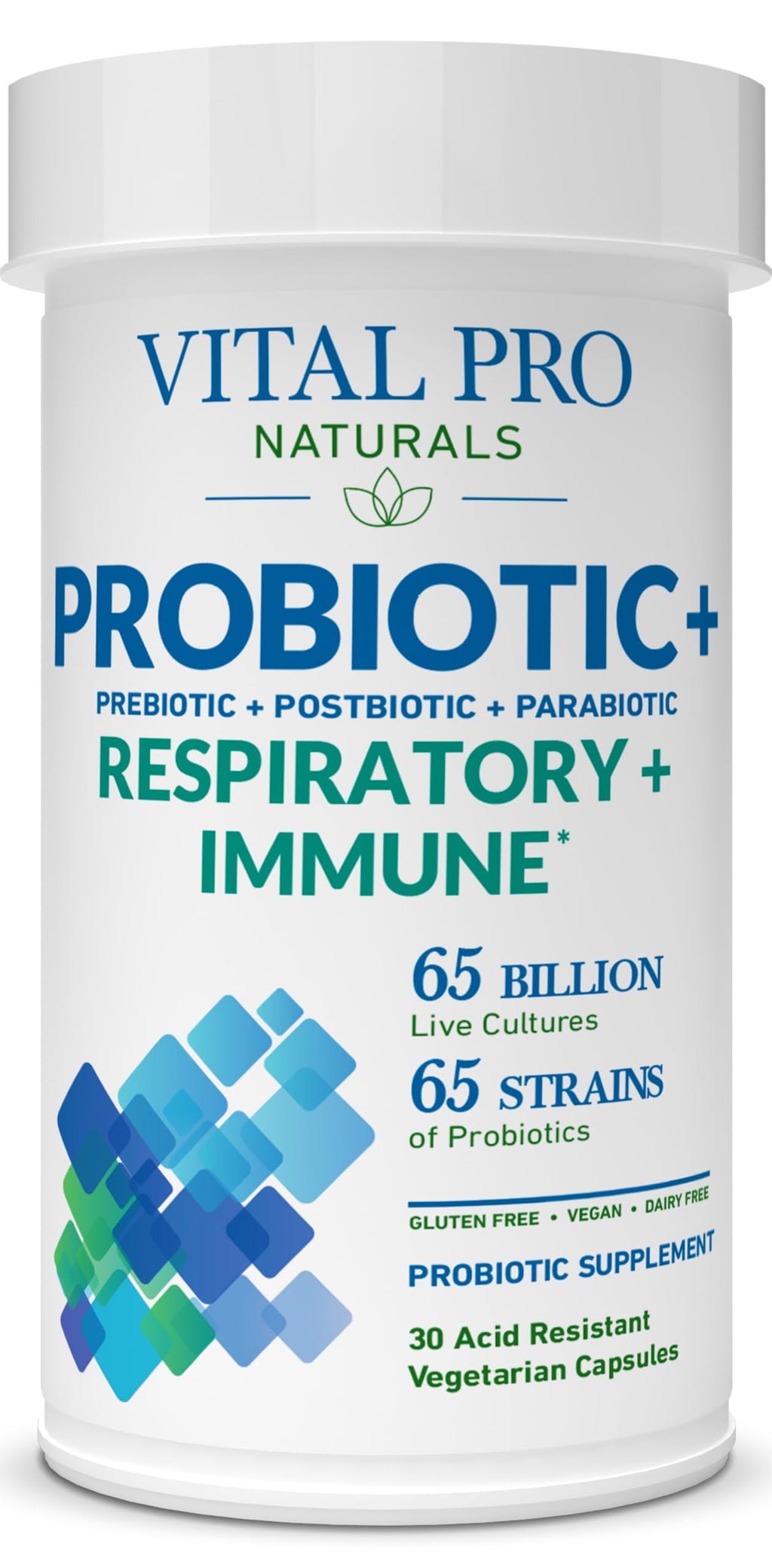 Vital Pro Naturals - Respiratory and Immune Probiotics + Prebiotics, Postbiotics, Parabiotics, Health Supplement for Adults, High Potency 65 Billion CFU, 65 Strains, Supports Intestinal Health 30 ct