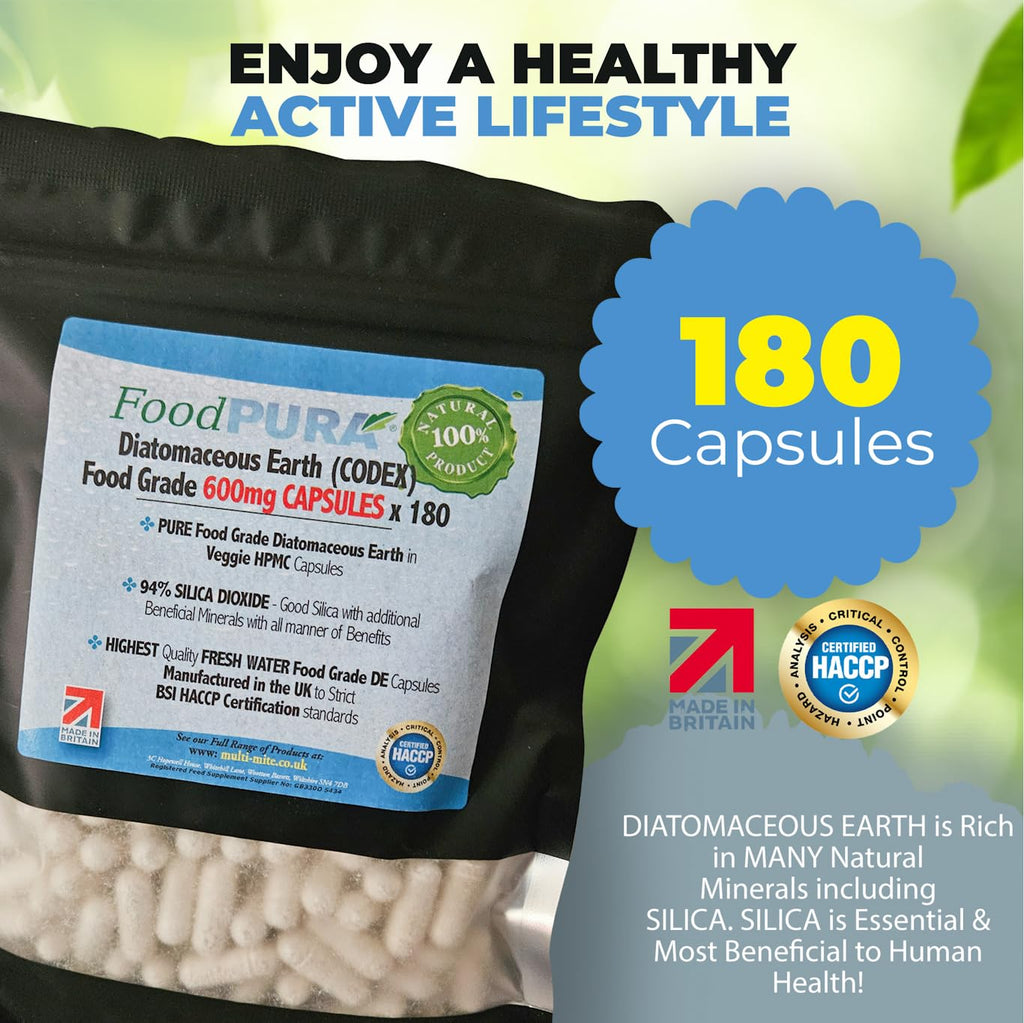 FoodPURA 60 X Food Grade Diatomaceous Earth Capsules (Codex) Pure White 94% Silica Fresh Water Sourced 600mg - Capsules, The SAFEST Way to take Supplements!