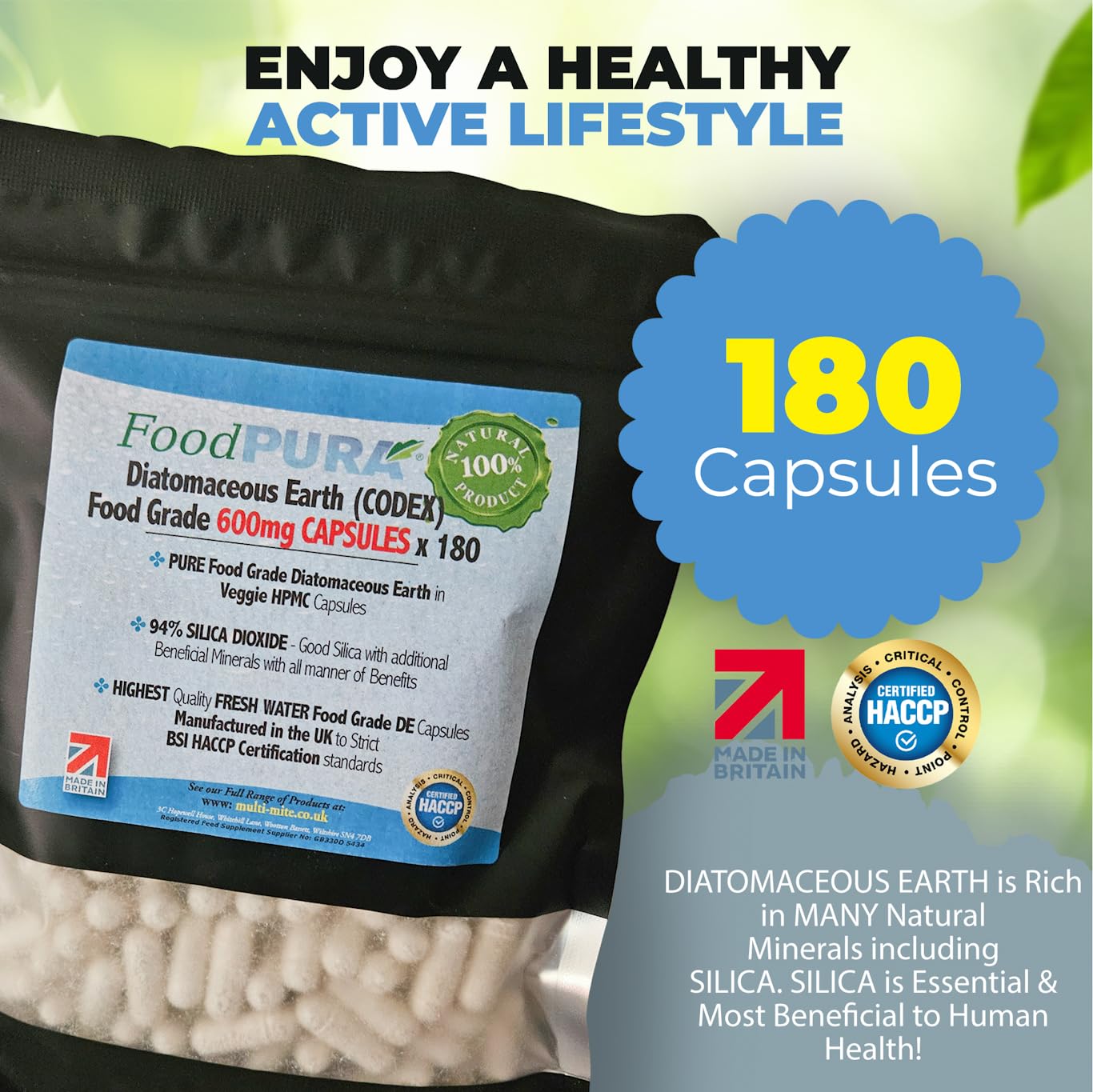 FoodPURA 60 X Food Grade Diatomaceous Earth Capsules (Codex) Pure White 94% Silica Fresh Water Sourced 600mg - Capsules, The SAFEST Way to take Supplements!