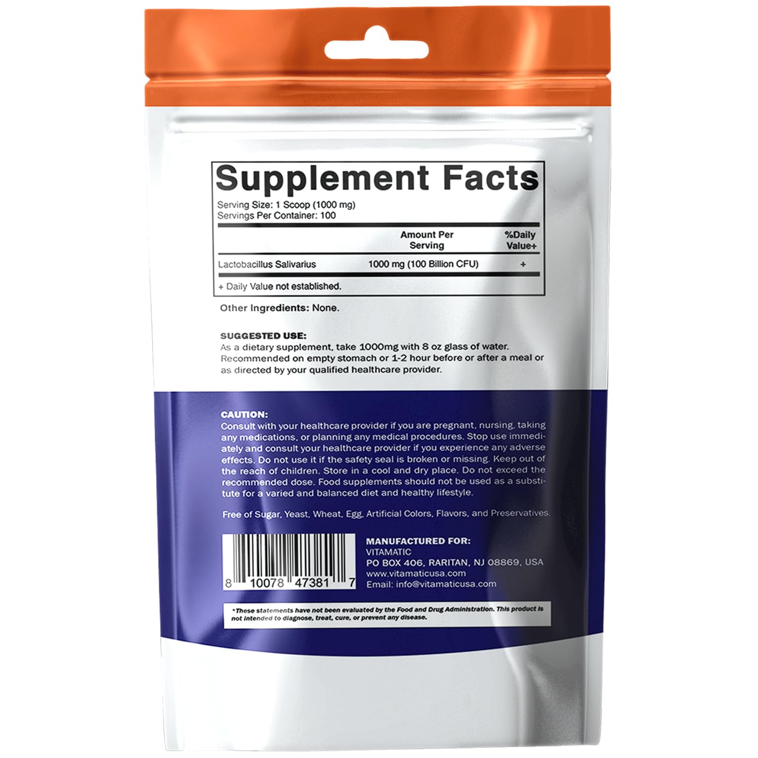 Vitamatic Lactobacillus Salivarius Probiotic Powder - Digestive Support - 100 Gram (3.5 OZ) - 100 Servings