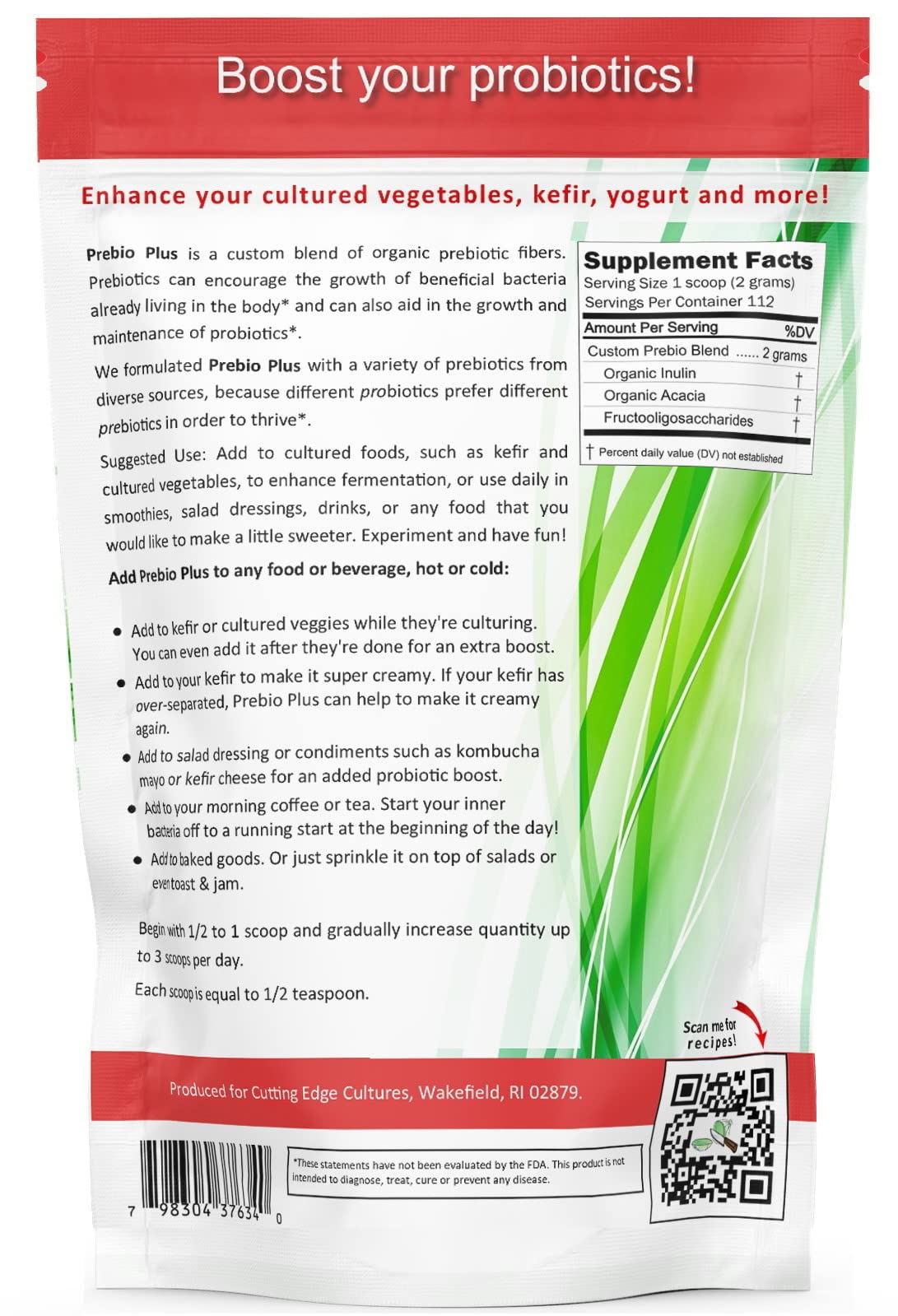 Cutting Edge Cultures Prebio Plus Prebiotic Fiber Powder Best Custom Blend of Organic Prebiotic Fibers Dietary Supplement 8 oz (2 x Prebio Plus = 16oz)