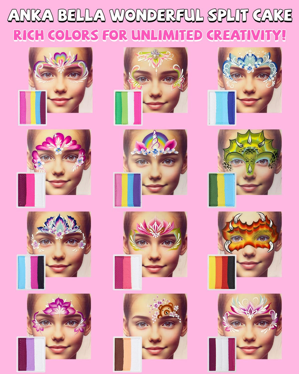 Anka Bella Professional Face Painting Kit for Kids,12X10gm Water Activated Rainbow Cake Face Paint with Stencil & Brushes,Hypoallergenic & Non-Toxic,Gift for Birthday Parties/Halloween/Carnival