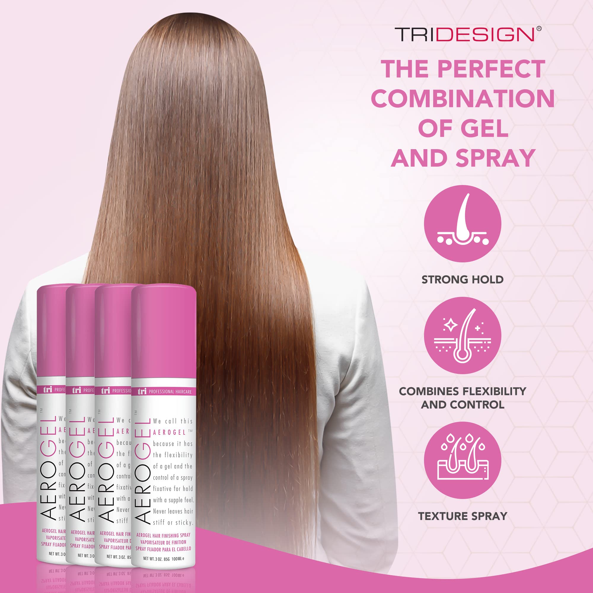 TRI Design Aerogel Hairspray - Strong Hold Hair Finishing Spray for Volumizing & Control, Flexible Styling for All Hair Types, Non-Sticky and Scented - For Women and Men - Travel Size Pack of 4 (3 Oz)