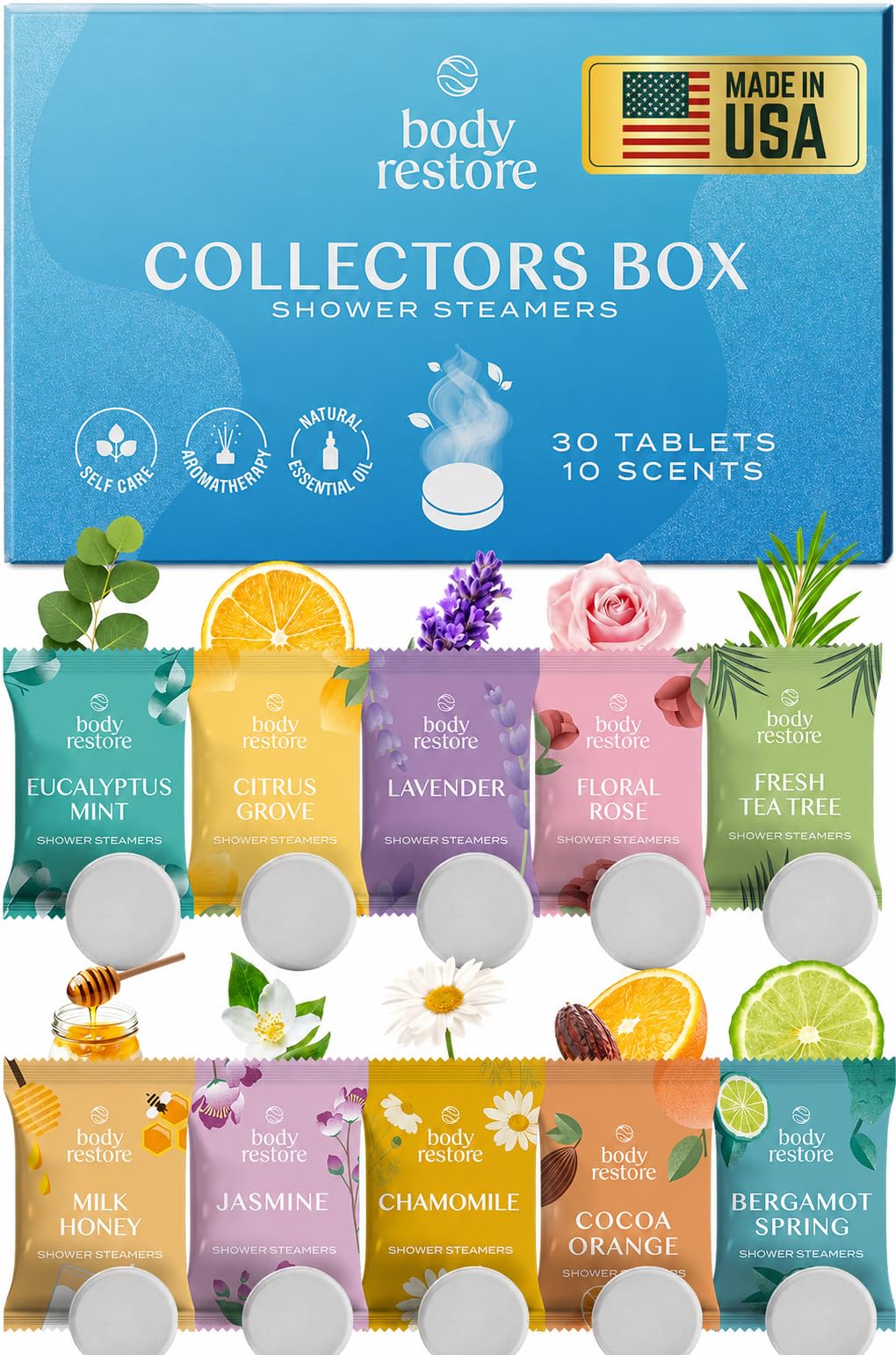 Body Restore Shower Steamers Aromatherapy 30 Pack – Fathers Day Gift for Dad, Birthday Gifts for Women & Men, Spa Stress Relief & Relaxation Self Care Gifts – Premium Collectors Box