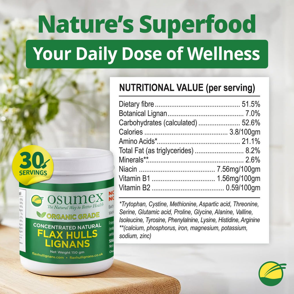 Osumex Flax Seed Hull Powder 150g - Flax Seeds Organic High in Lignan SDG for Digestion, Natural Concentrate Flaxseed Shells Only No Flaxseed Oil or Seeds Added, Smoothie Seeds for Daily Nutrition