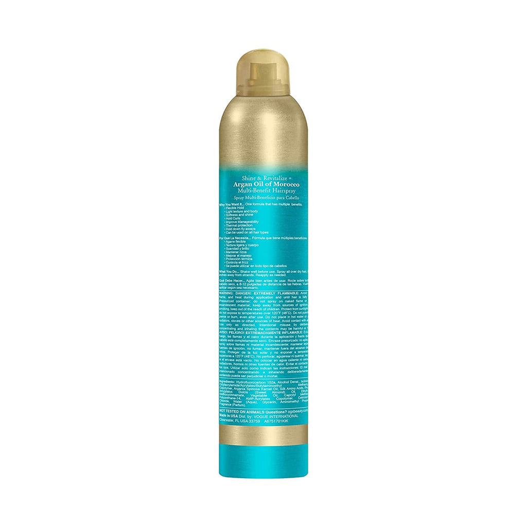 OGX Revitalize + Argan Shine Extra Strength Multi-Benefit Heat Protection Hairspray with Argan Oil & Silk Proteins, Tame Frizz & Non-Greasy Shine, Morocco, 8 Ounce