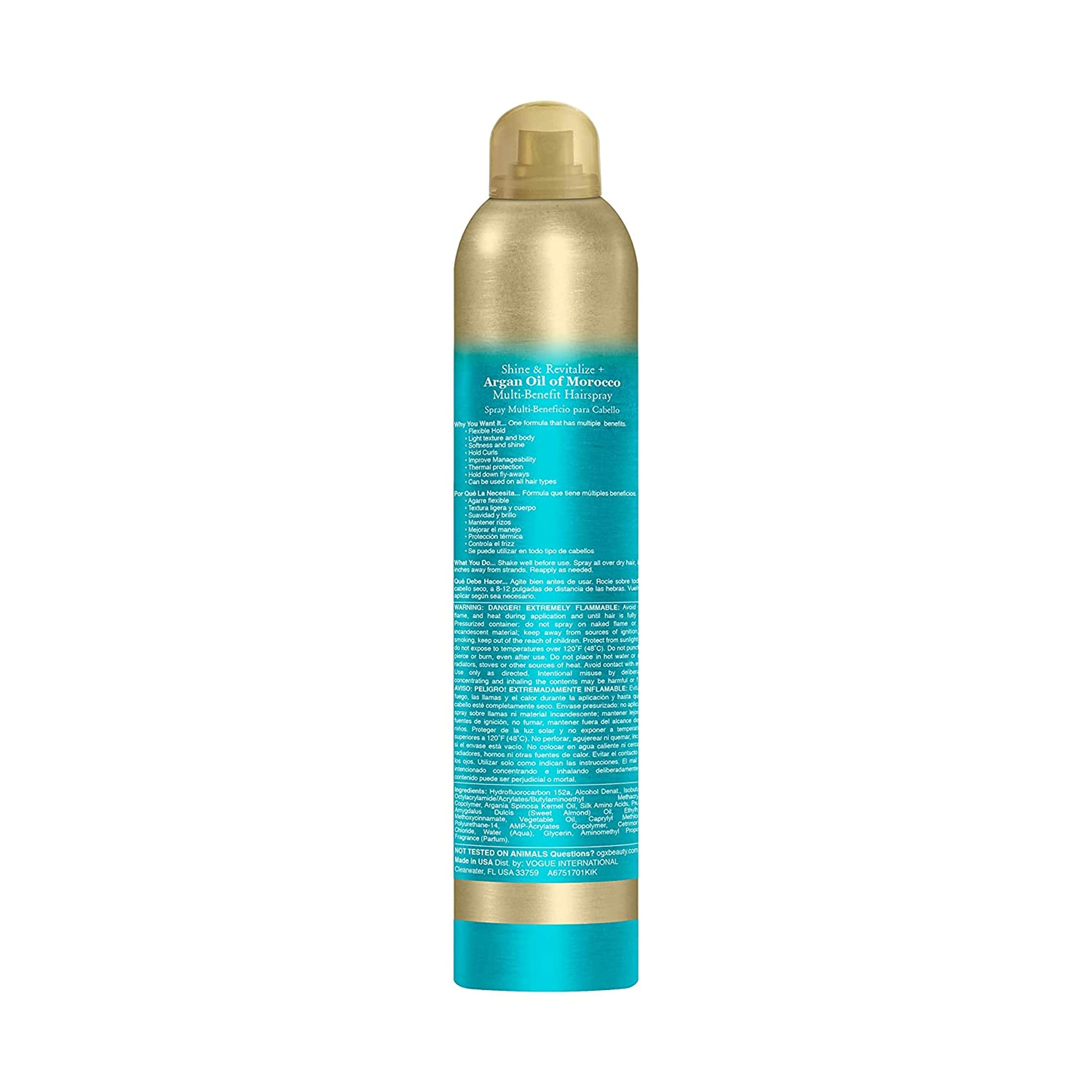 OGX Revitalize + Argan Shine Extra Strength Multi-Benefit Heat Protection Hairspray with Argan Oil & Silk Proteins, Tame Frizz & Non-Greasy Shine, Morocco, 8 Ounce