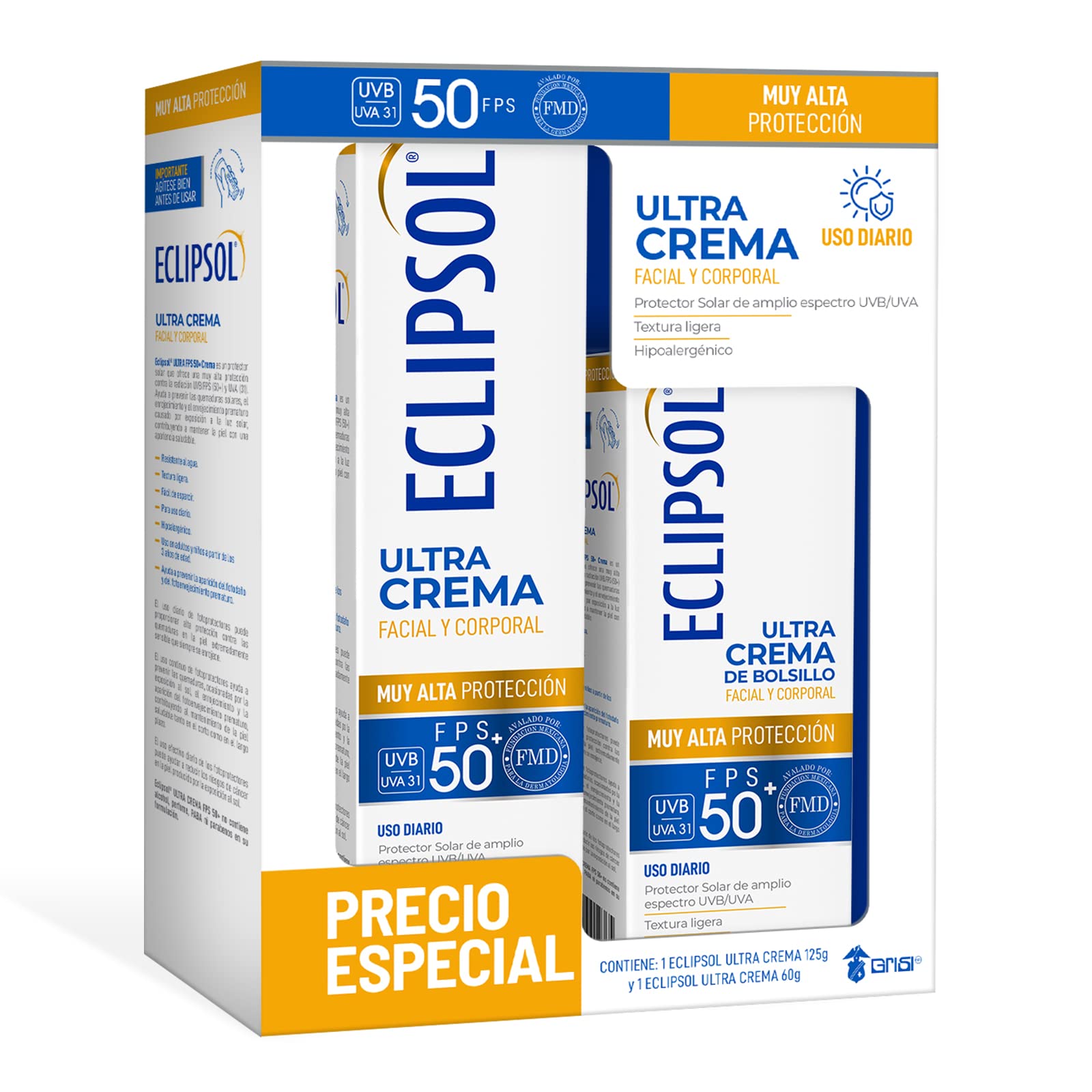 Eclipsol - Pack Eclipsol Ultra Crema FPS 50+ | Protector solar, Bloqueador solar facial y corporal, Protector solar corporal, grisi, fps 50, hipoalergénico, de uso diario, textura ligera | Pack de 2